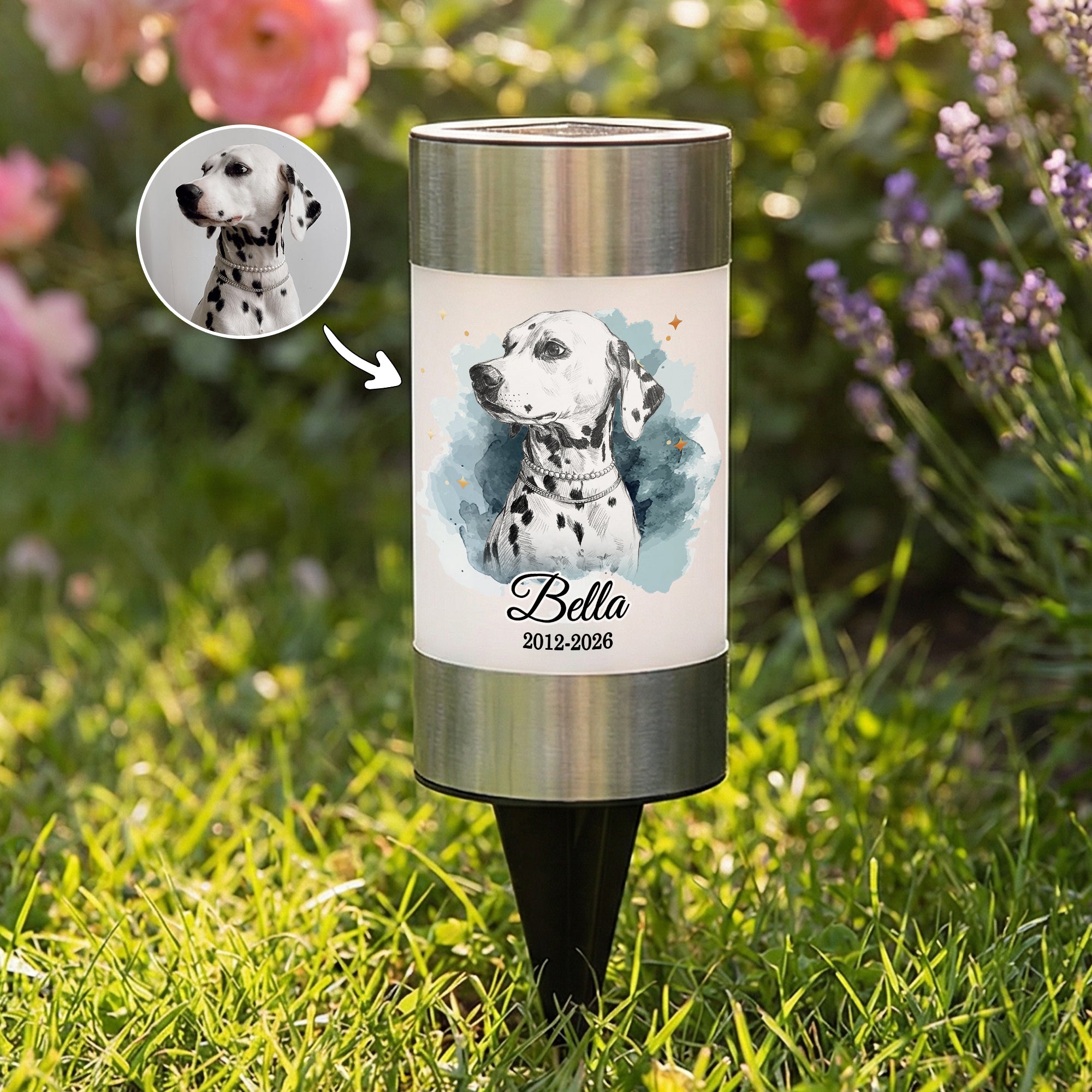 Lámpara solar de jardín personalizada con foto de mascota y nombre y fecha Decoración de jardín Regalo conmemorativo de pérdida de mascota para dueños amantes de las mascotas