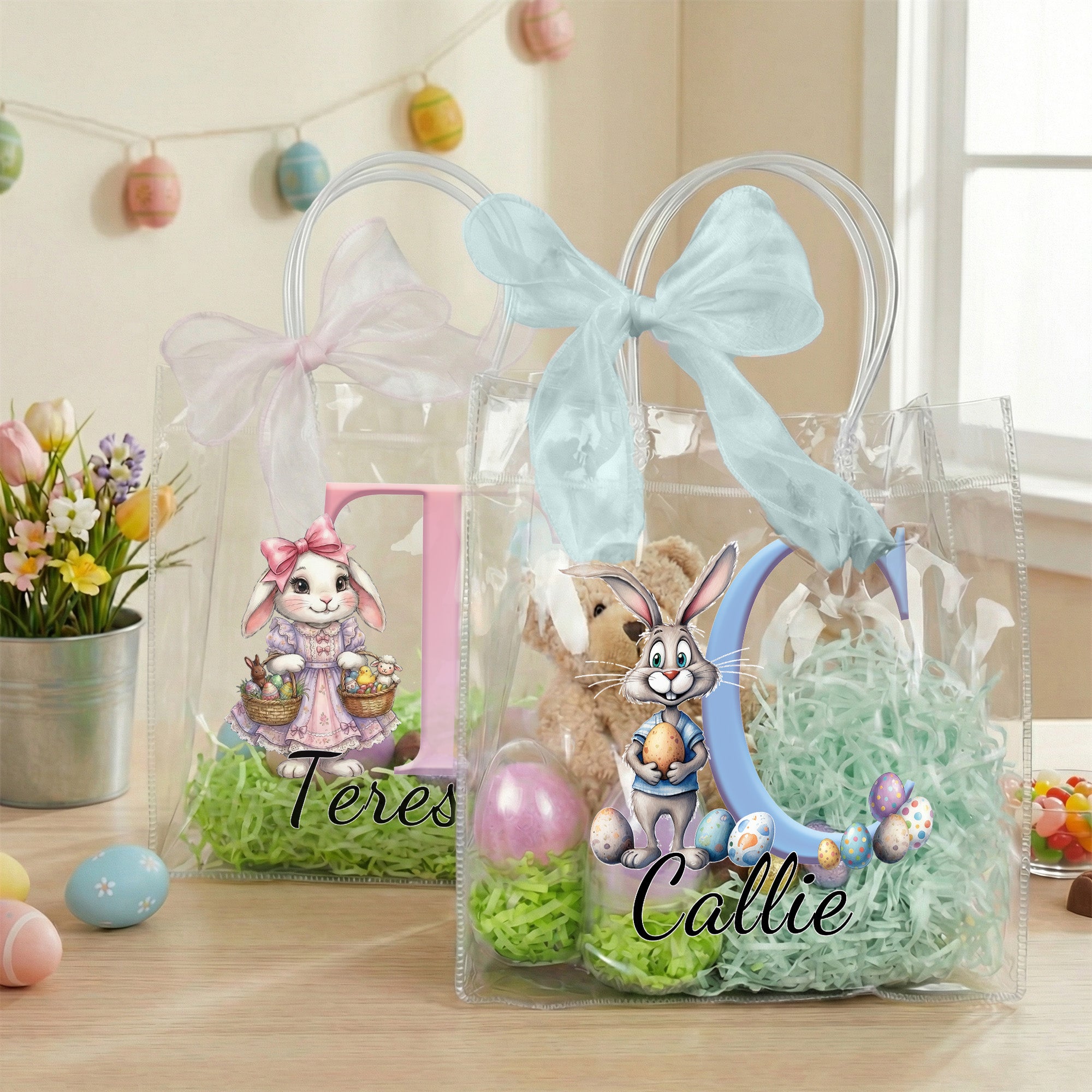 Conejito de Pascua personalizado Bolsa de regalo transparente con nombre e inicial Búsqueda del huevo de Pascua Fiesta de regalos para niños