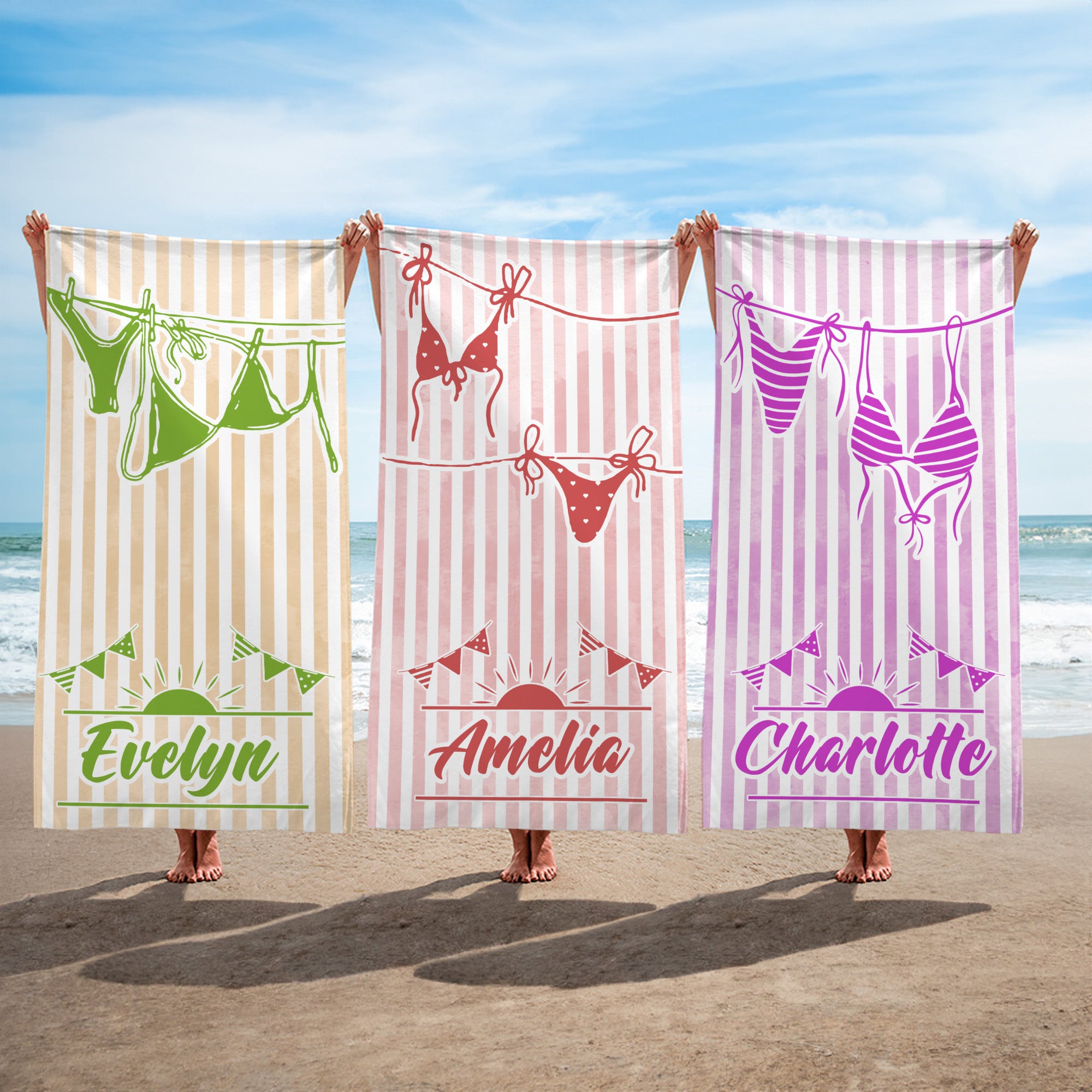 Toalla de playa de secado rápido personalizada con nombre Bikini a rayas multicolor Esenciales de viaje en la playa Regalo de cumpleaños para un amigo de la familia