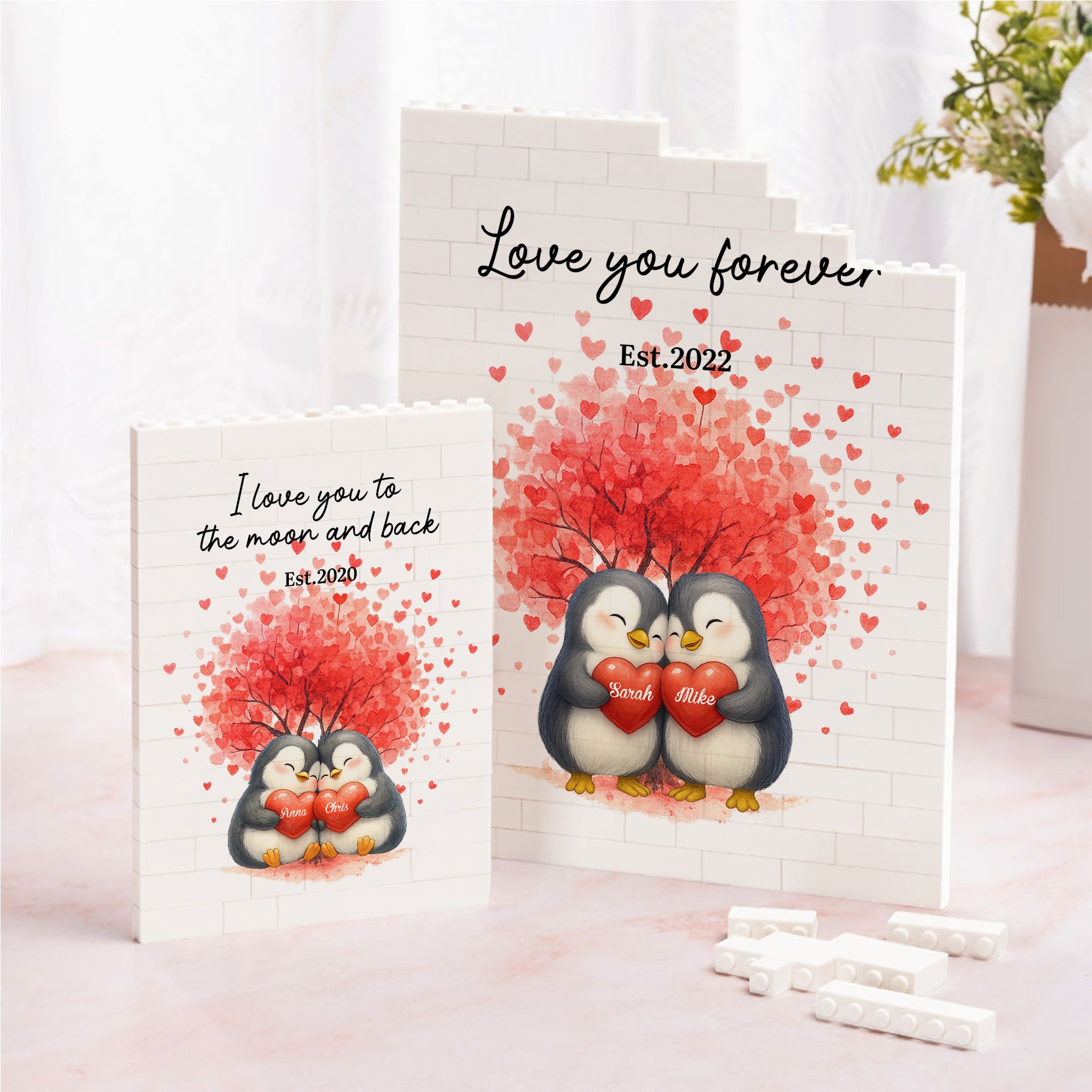 Corazones personalizados Pingüinos de dibujos animados ABS ladrillo de construcción Puzzles con nombres y fecha Decoración de la habitación Cumpleaños Día de San Valentín Aniversario Regalo para Parej