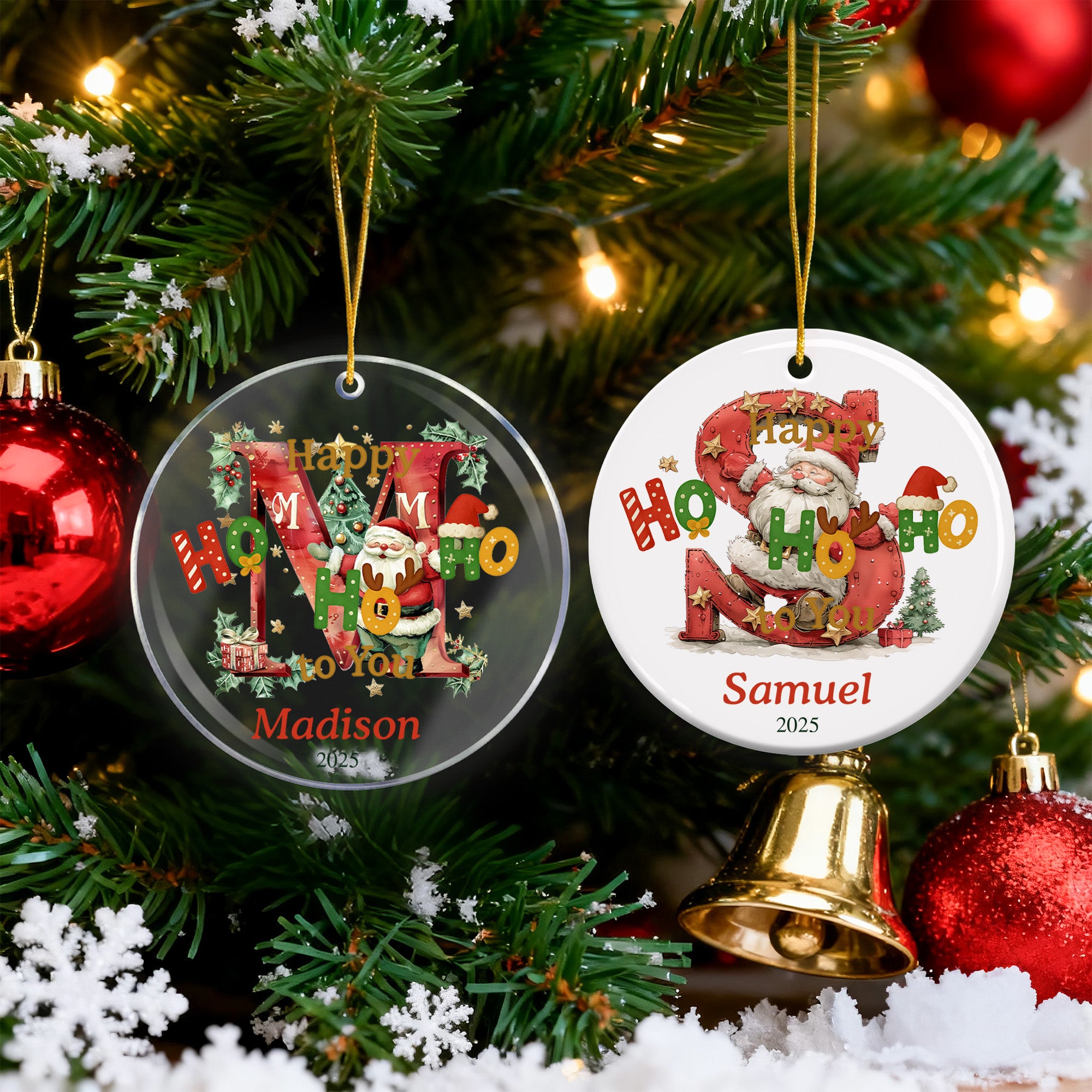 Happy HoHoHo to You Papá Noel personalizado Adorno de cerámica acrílica con nombre inicial y año Decoración del árbol de Navidad Regalo para niños Familia