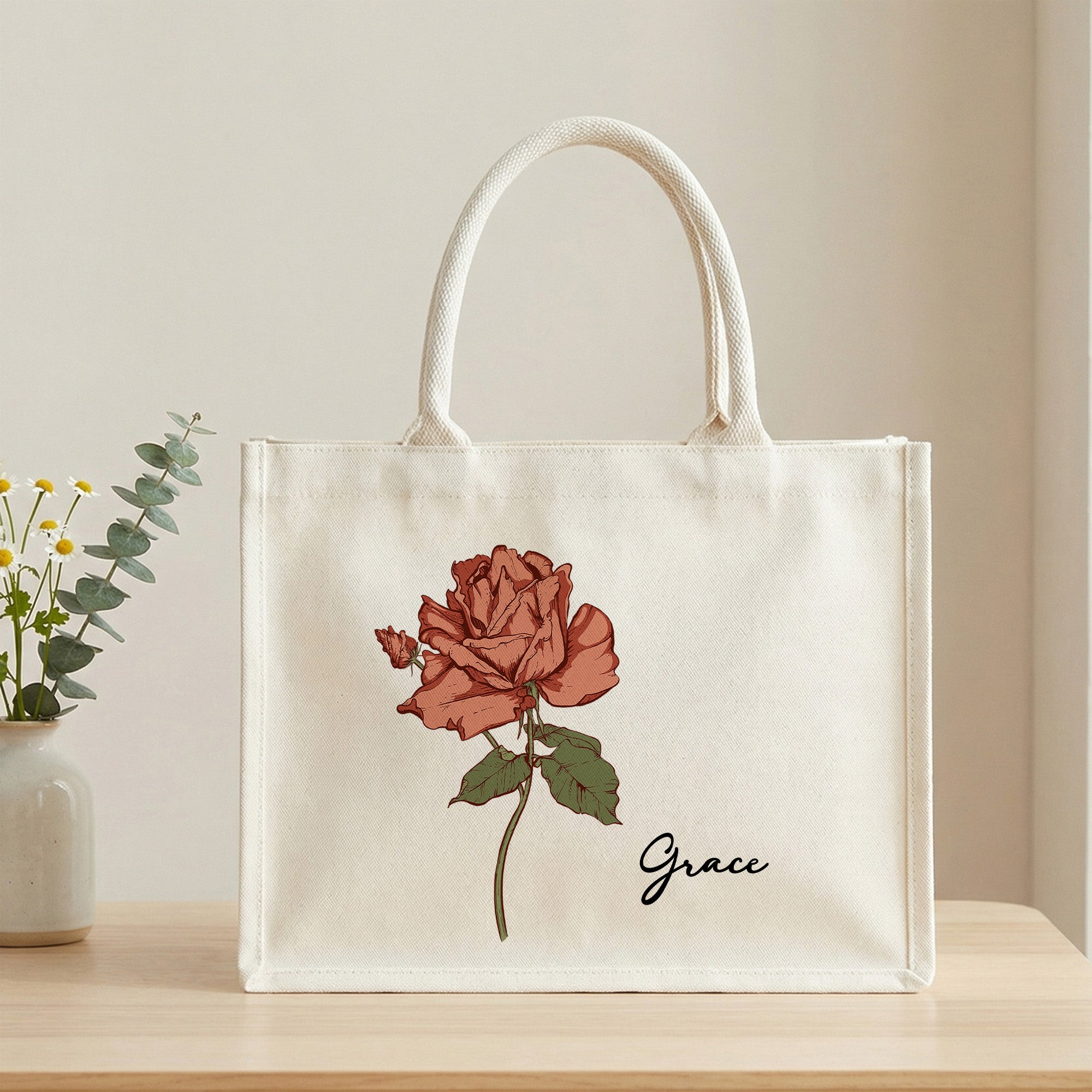 Personalizada Vintage Nacimiento Flor Lienzo Grande Bolsa Tote con Nombre Uso Diario Día de la Madre Cumpleaños Regalo para Mamá Abuela