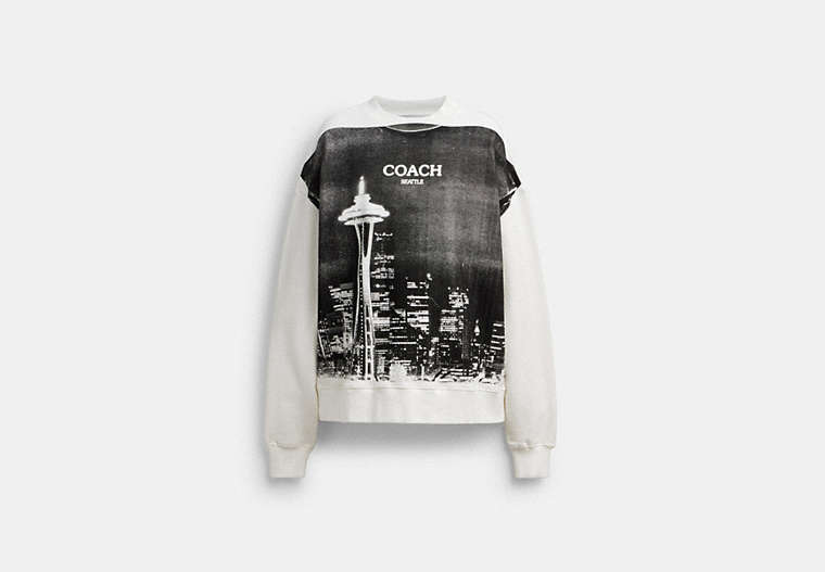 COACH® Unisex Sudadera De Cuello Rojoondo Con Postal en Blanco, Talla M