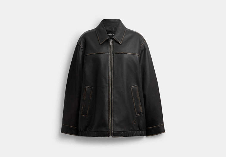 COACH® Women's Chaqueta De Piel Exquisita Extragrande en Negro, Talla Mediano