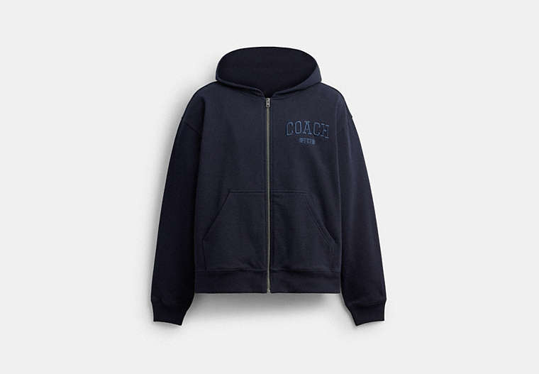 COACH® Men's Sudadera Con Capucha Con Cremallera Completa Cuadrada en Azul, Talla Mediano | Coton