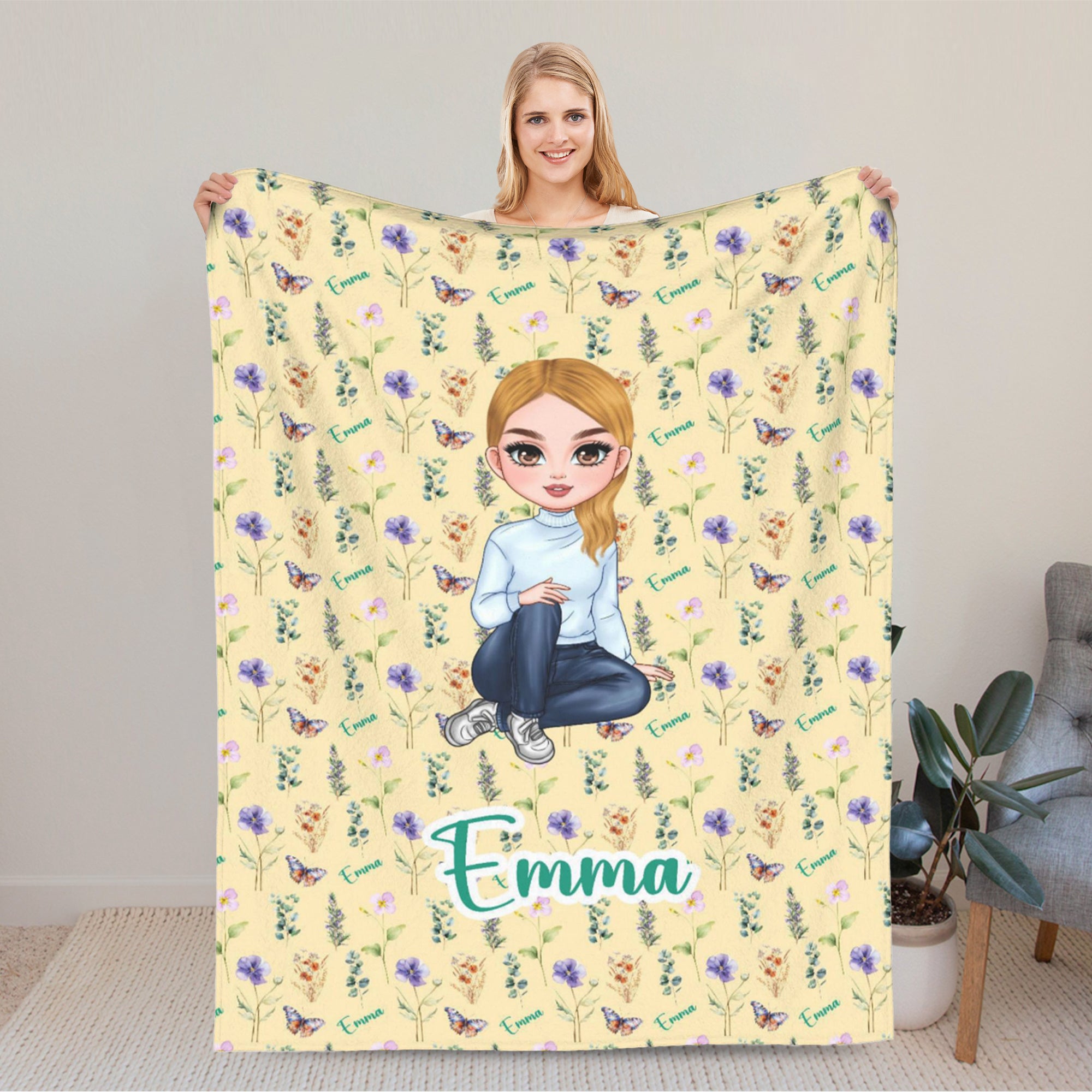 Personalizada Nacimiento Flor Personaje de dibujos animados suave manta con nombre Decoración del hogar Navidad Cumpleaños Regalo para la familia Amigos Kid Teenager