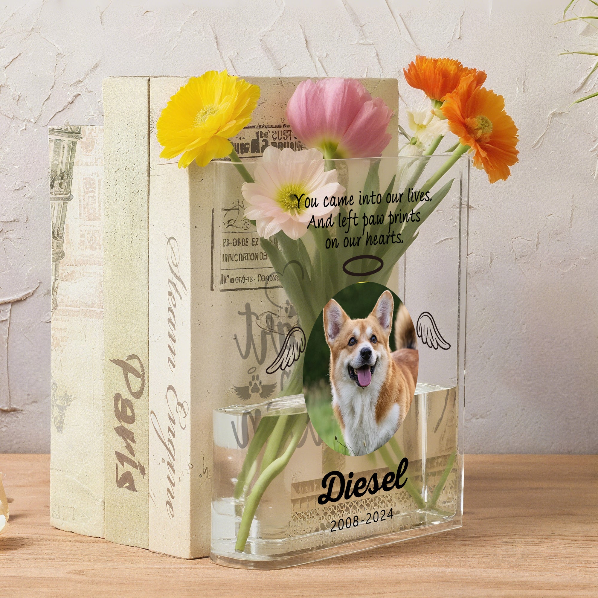 Personalizado Angel Wings Halo Pet Photo Clear Book Vase with Name Bookshelf Decor Sympathy Sentimental Memorial Gift for Pet Owners Lovers