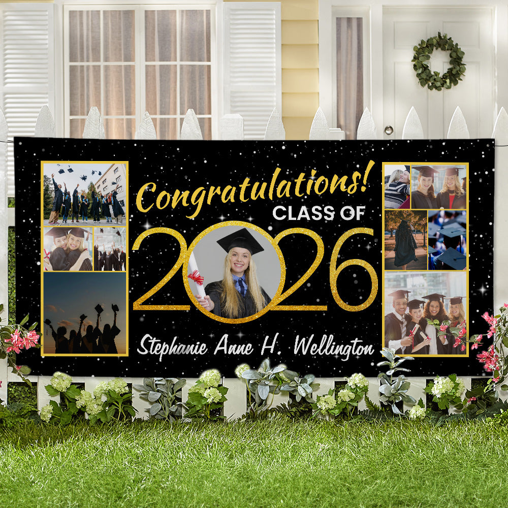 Felicitaciones Personalizadas Clase de 2026 Graduado Foto Collages Banner con 3-17 Fotos y Nombre Fiesta Decoración Regalo de Graduación para Graduados