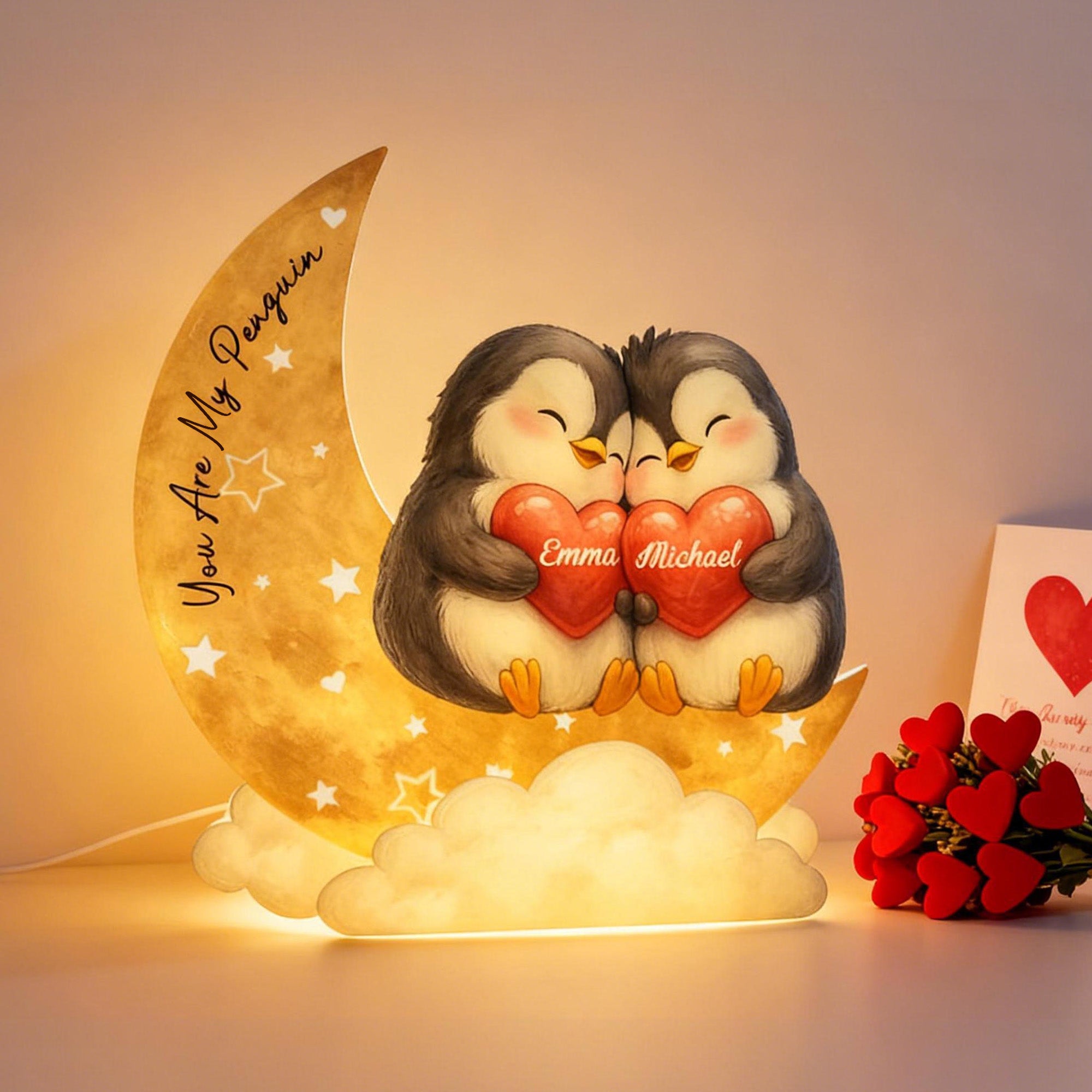 Pingüino Personalizado Pareja Corazón Estrella Luna Acrílico LED Luz de Noche con Nombre y Texto Decoración del Hogar Cumpleaños San Valentín Regalo para Pareja