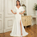 Bridal Wedding Dress Ivory Short Sleeve Long V-Neck Mermaid Chiffon