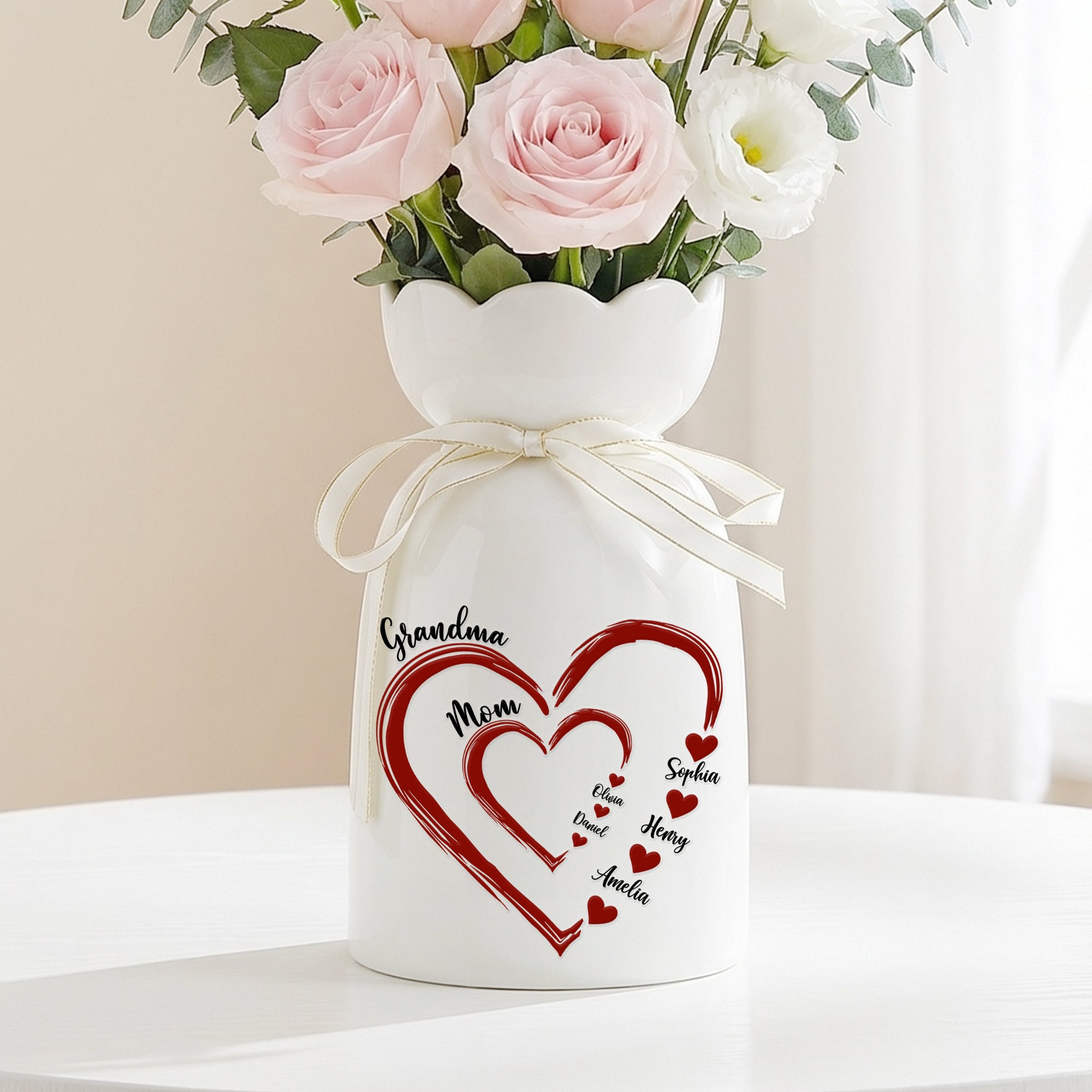 Jarrón de Cerámica Personalizado de Corazones Dobles con Nombres Día de la Madre Regalo de Cumpleaños para la Abuela Mamá