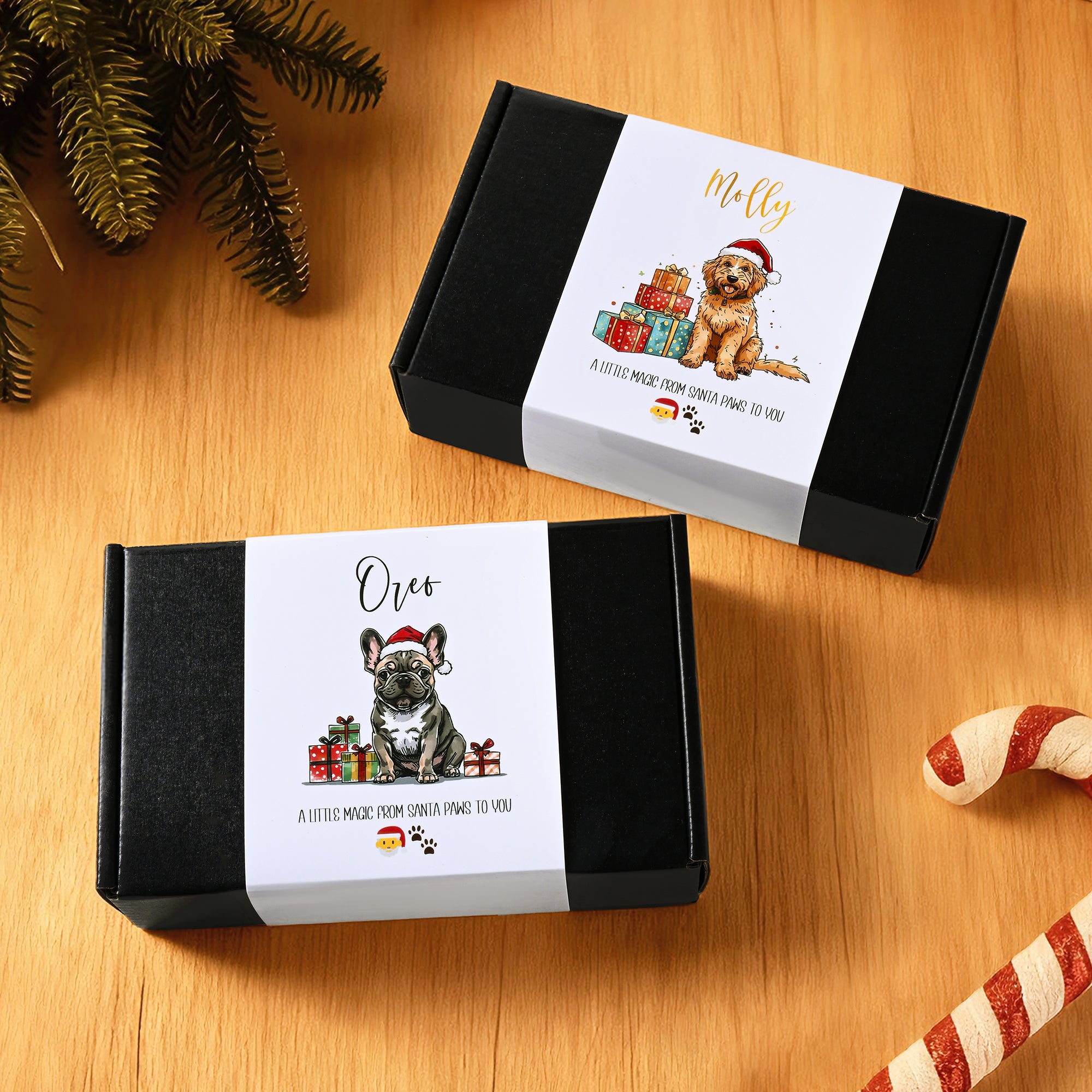 Personalizado lindo sombrero de Navidad Perro Caja de regalo con el nombre de regalo de Navidad para el dueño del perro