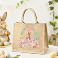 Conejito de Pascua de dibujos animados con marco de corona personalizado Bolsa de yute de gran capacidad con nombre Uso diario Regalo de Pascua para amigos Niños