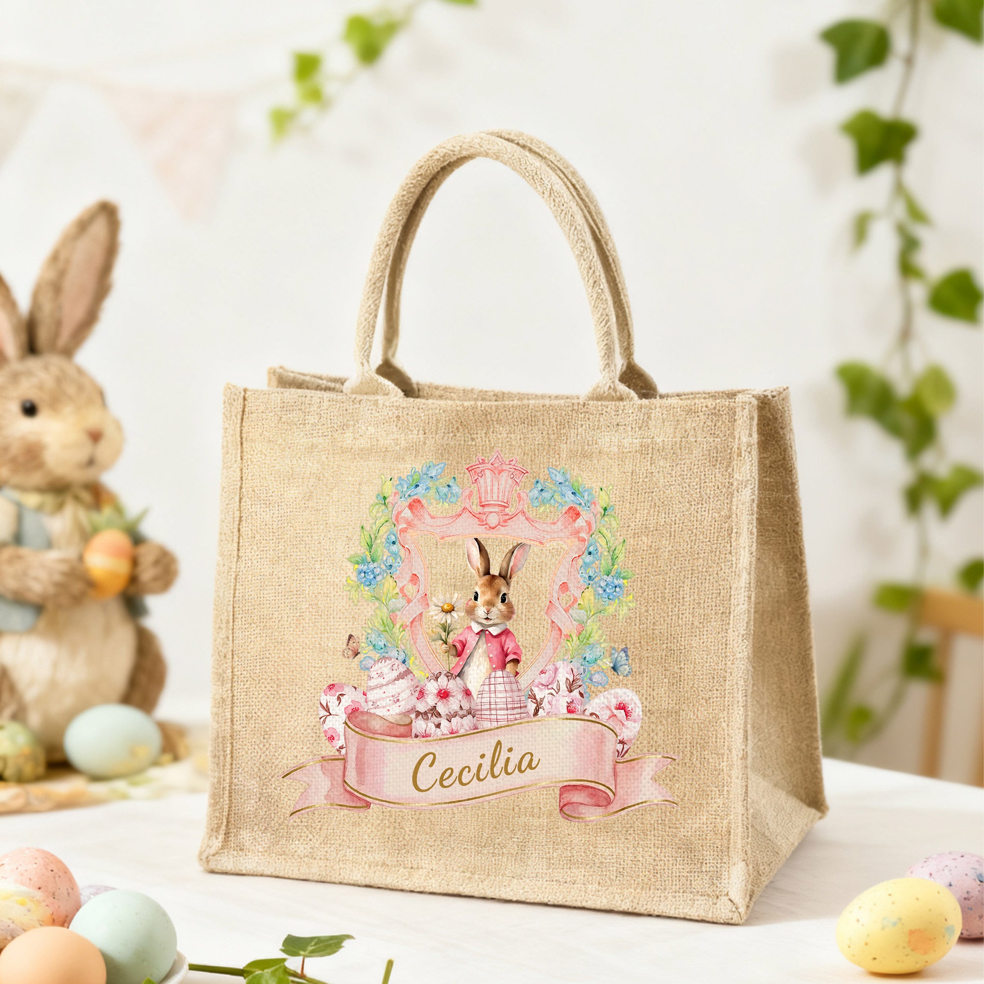 Conejito de Pascua de dibujos animados con marco de corona personalizado Bolsa de yute de gran capacidad con nombre Uso diario Regalo de Pascua para amigos Niños