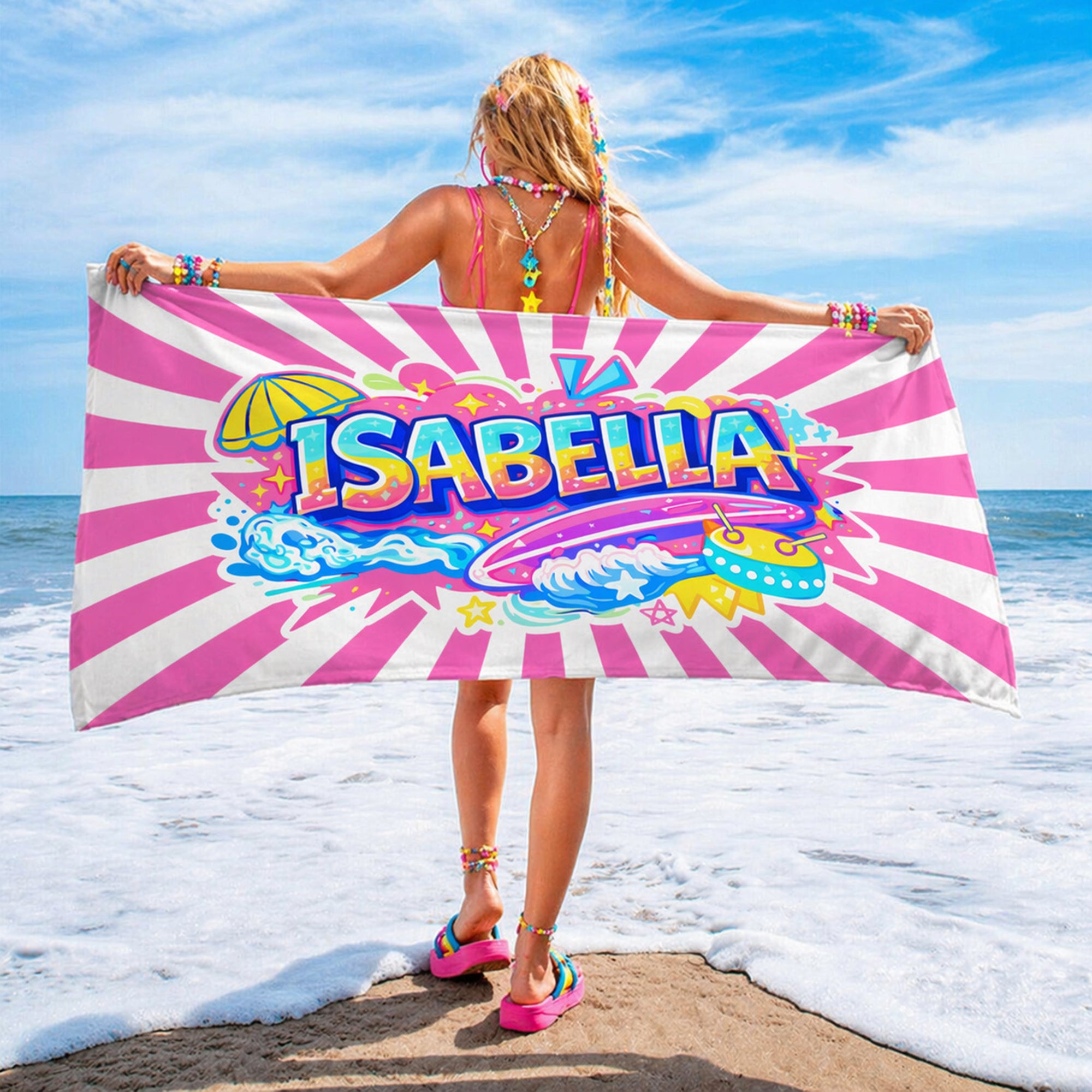 Toalla de playa de gran tamaño, de secado rápido, personalizada, multicolor, estilo garabato, con nombre Fiesta en la playa, para amigos y familiares.