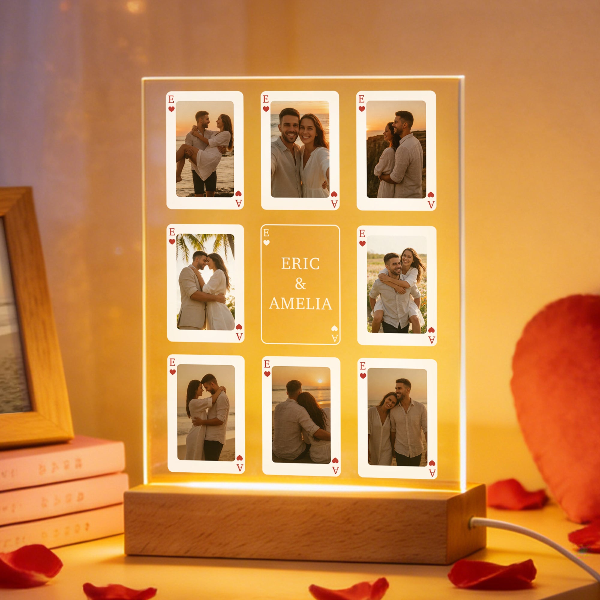 Personalizada Poker Fotos Siete Colores Inicial LED Luz de Noche con Texto y Base de Madera Decoración de Habitación Regalo de San Valentín para Pareja
