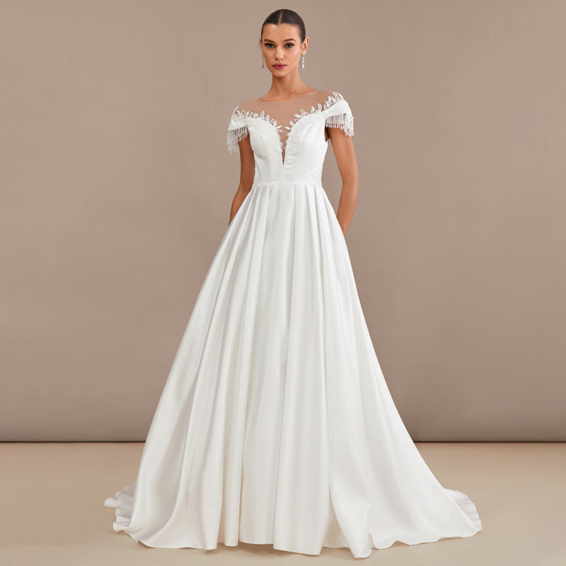 Bridal Wedding Dress Ivory Short Sleeve Long A-line