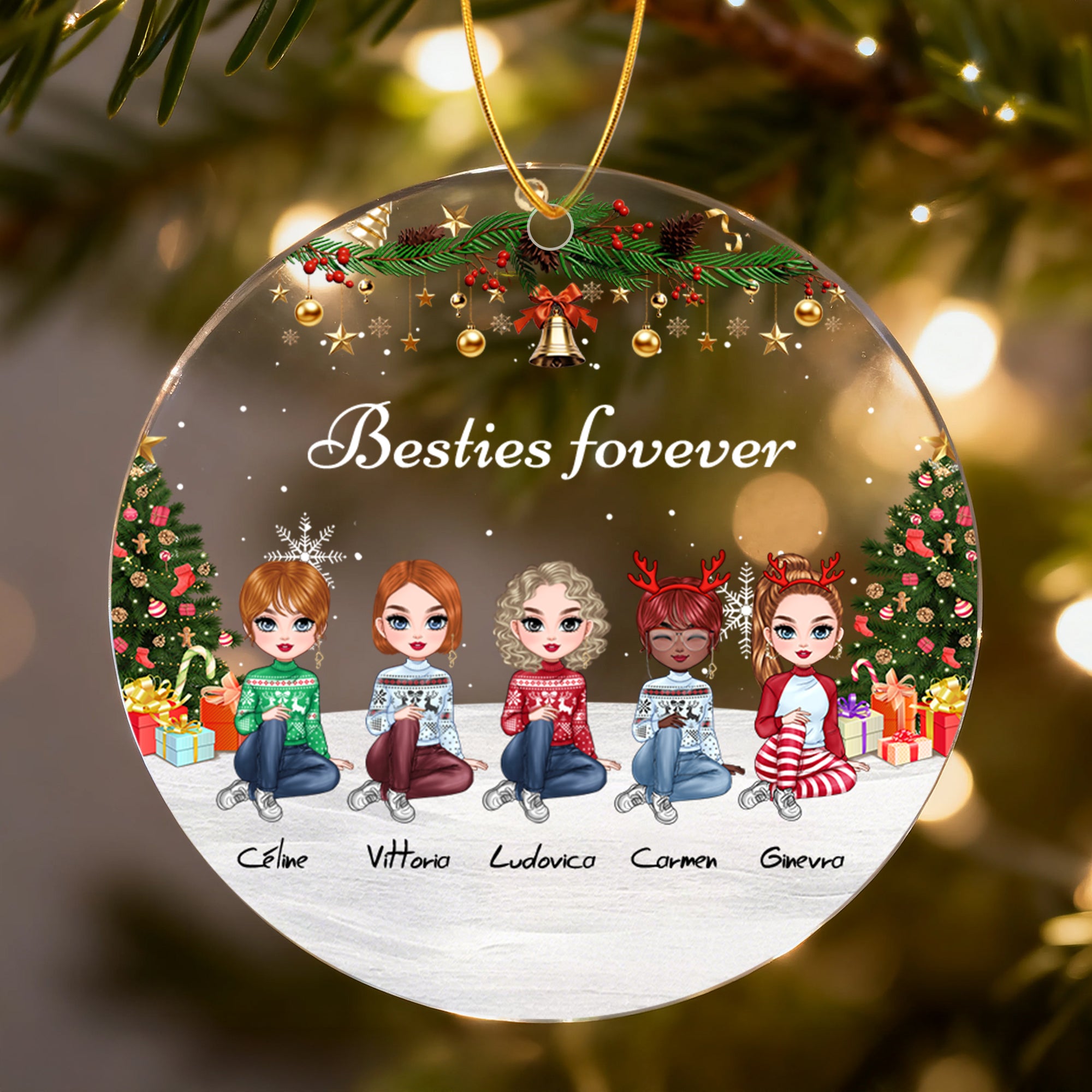 Personalizado 2-5 Personajes de dibujos animados Copo de nieve Acrílico Ornamento con nombre y cordón Árbol de Navidad Decoración del hogar Regalo de Navidad para Hermanas Besties