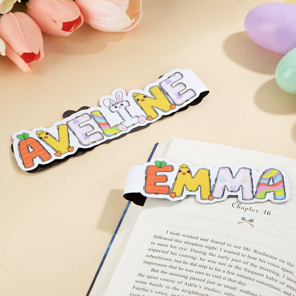 Conejito personalizado Zanahoria Garabato Nombre Marcapáginas magnético Clip de lectura Material de oficina Vuelta al cole Pascua Regalo para ratones de biblioteca Niños Niñas