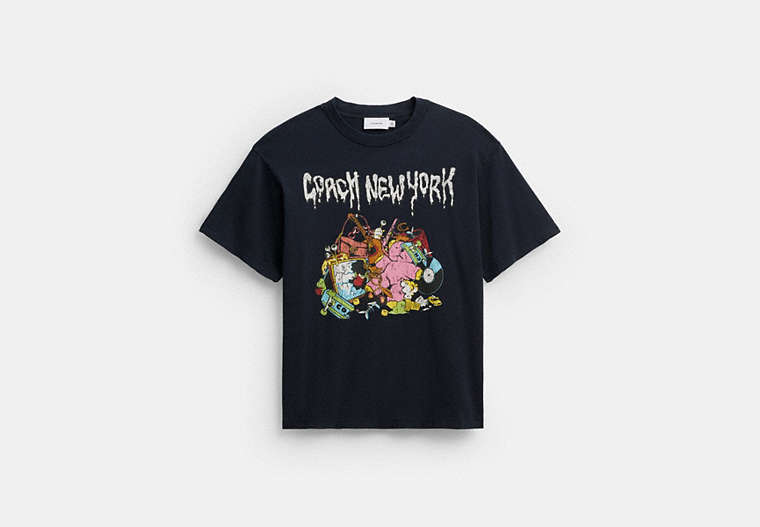 COACH® Men's Camiseta De Corte Holgado De Algodón Orgánico Con Dibujos Animados en Azul, Talla Mediano | Coton