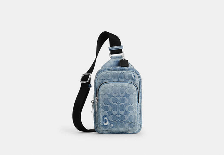 COACH® Men's Mochila Cabestrillo Racer En Tela Vaquera De Firma Exquisita en Azul | Coton
