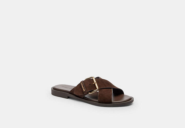 COACH® Women's Sandalias De Hebilla Cruzada en Castaño, Talla 11 | Daim
