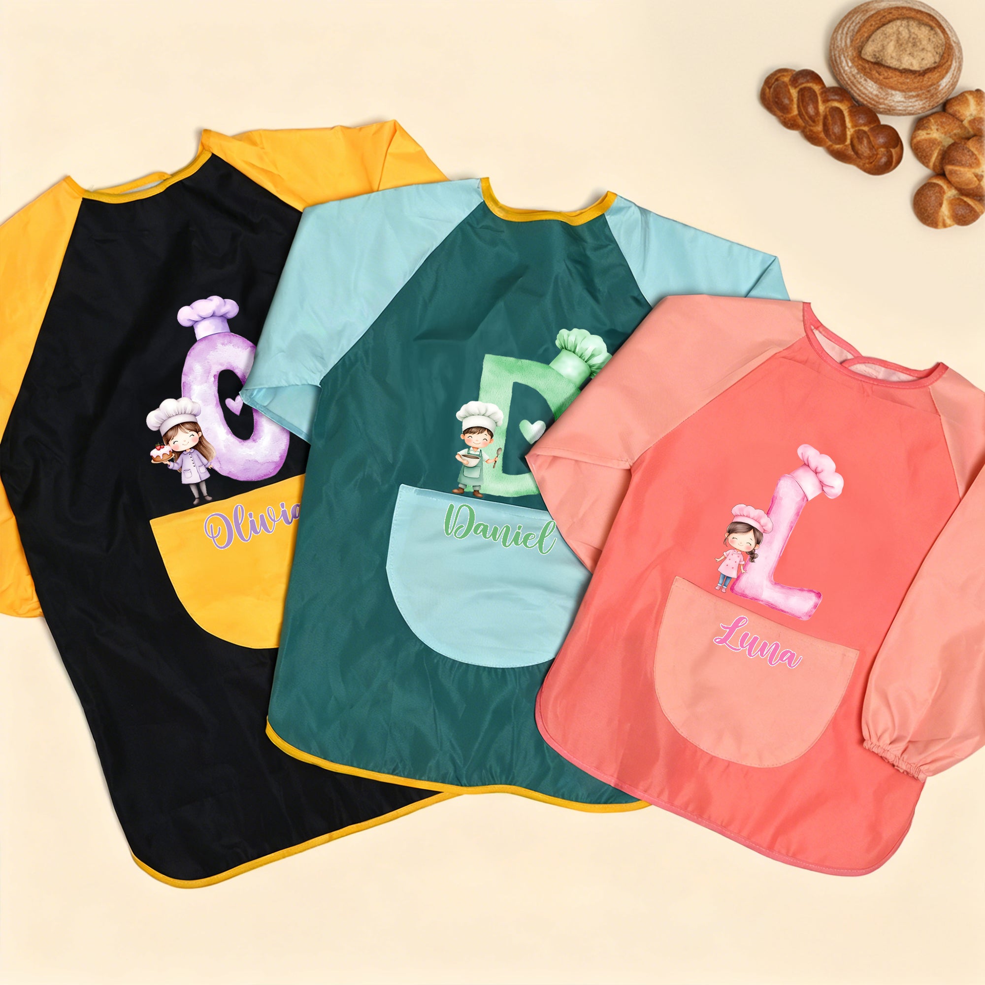 Personaliza el gorro de cocinero Delantal impermeable de manga larga con iniciales y bolsillo Pintar Hornear Regalo esencial de cumpleaños para niño
