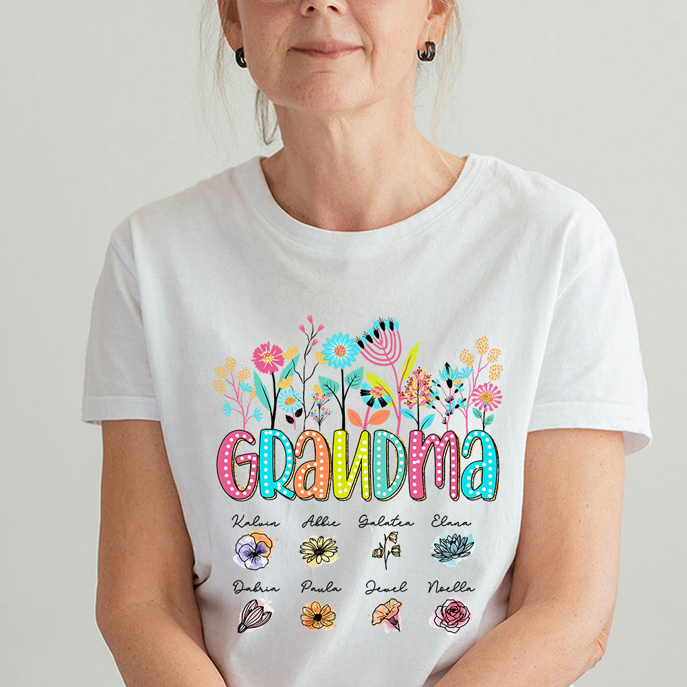 Personalizada Colorido Floral Nacimiento Flor de Lunares Título Camiseta con 1-8 Nombres de Niños Cumpleaños Día de la Madre Regalo para Mamá Abuela Familia