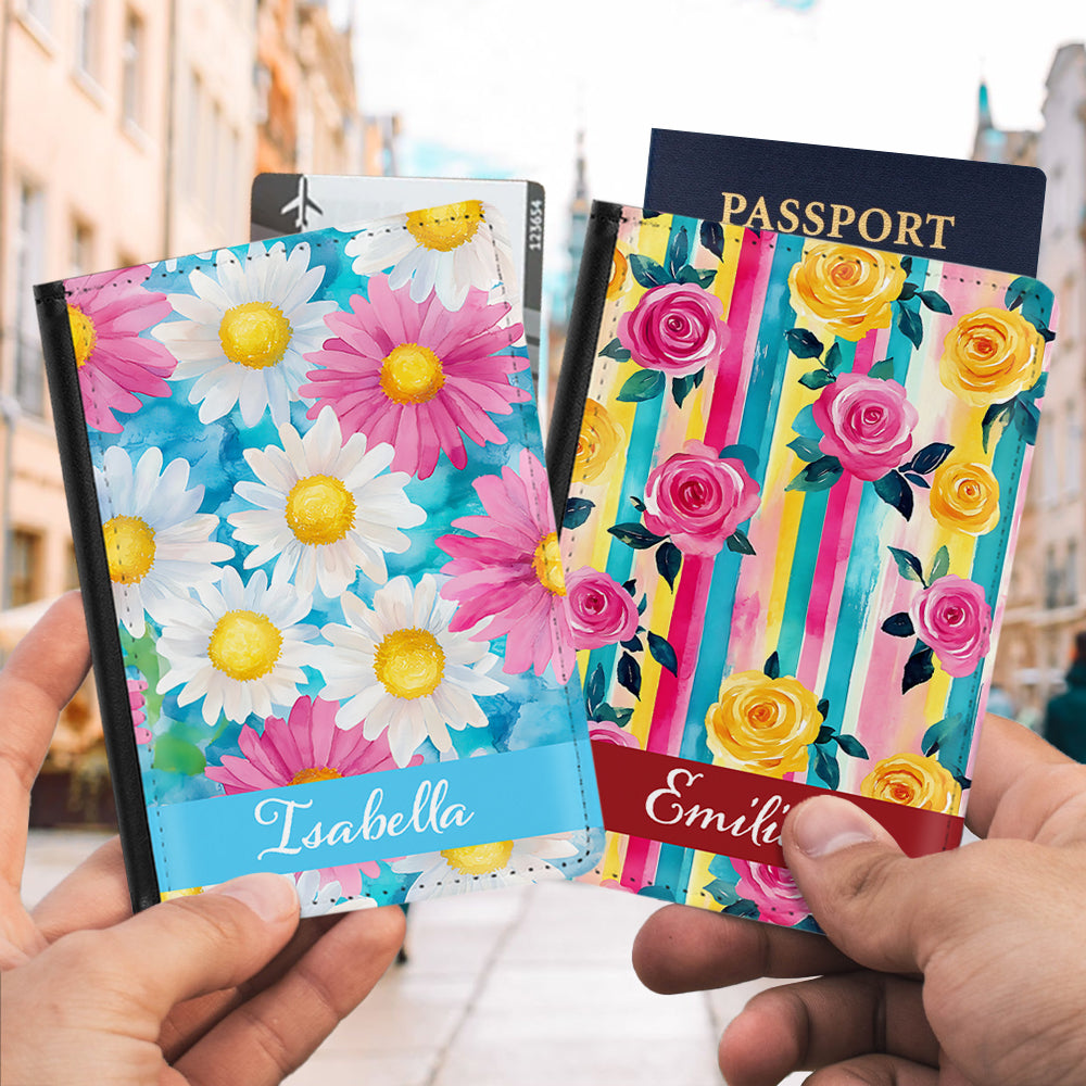 Porta Pasaporte de Piel de PU con Nombre Personalizado con Diseño de Rayas de Flores de Acuarela Regalo de Cumpleaños para los Amantes de los Viajes
