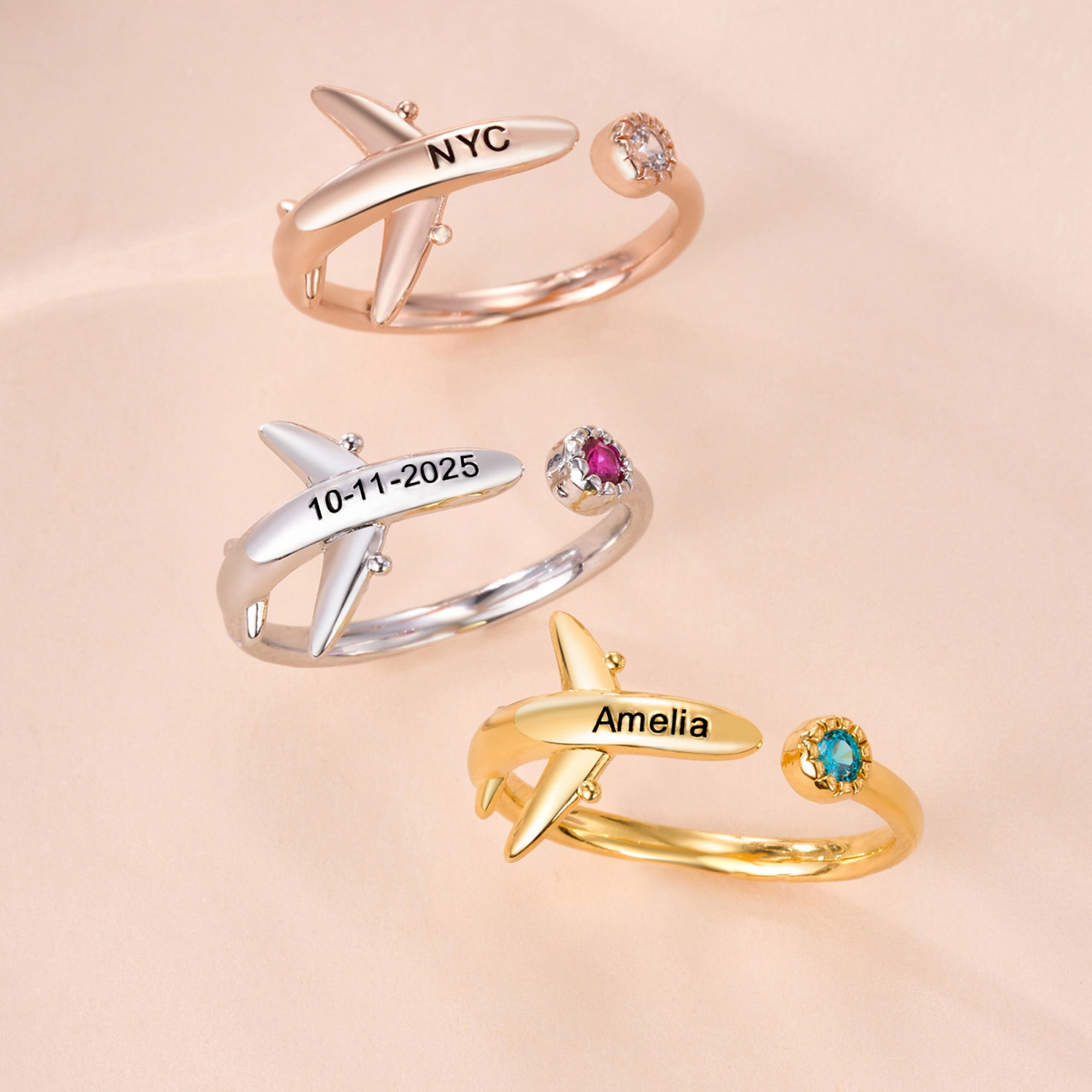 Personalizada Piedra de Nacimiento Grabado Texto Avión Anillo Abierto Cumpleaños Aniversario Regalo para los amantes de los viajes Piloto Mamá Auxiliares de Vuelo