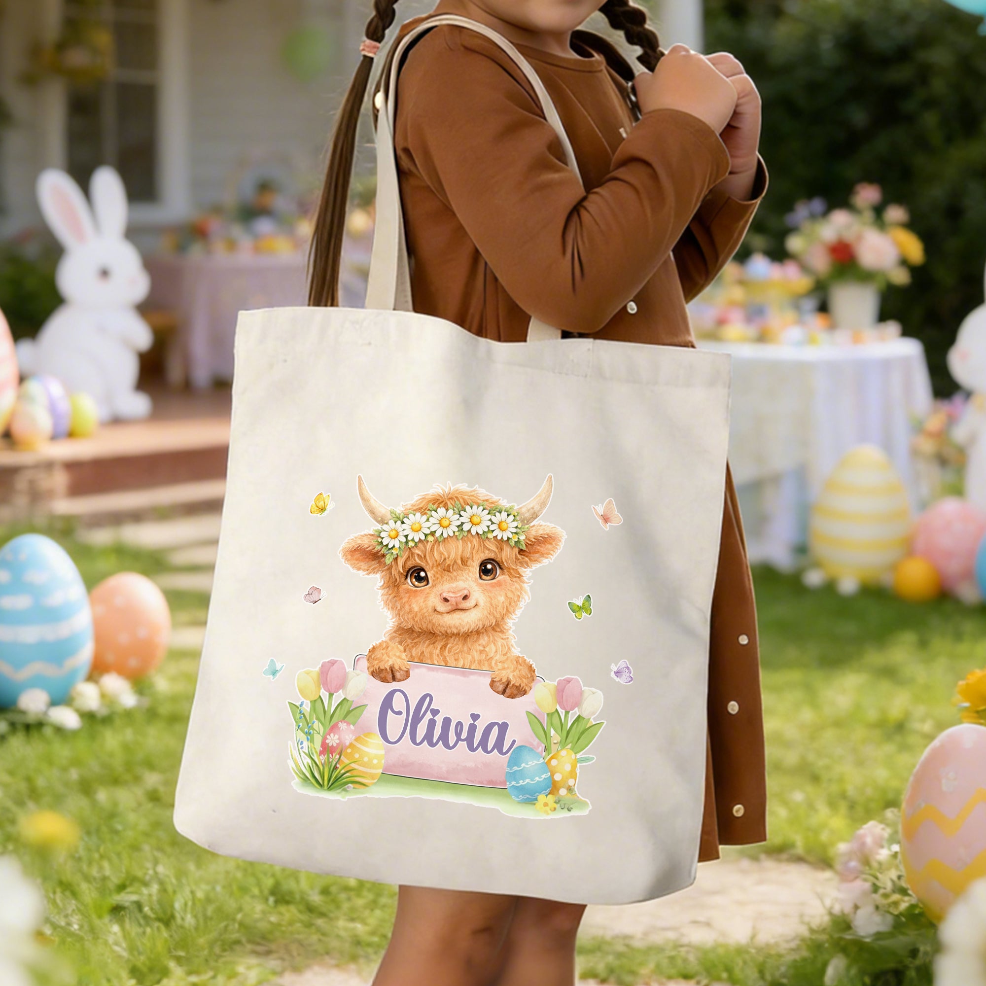 Conejito personalizado Wreath Highland Vaca Pascua Animal Mariposa Bolsa de lona con nombre Uso diario Día de Pascua Regalo para Niños Niñas
