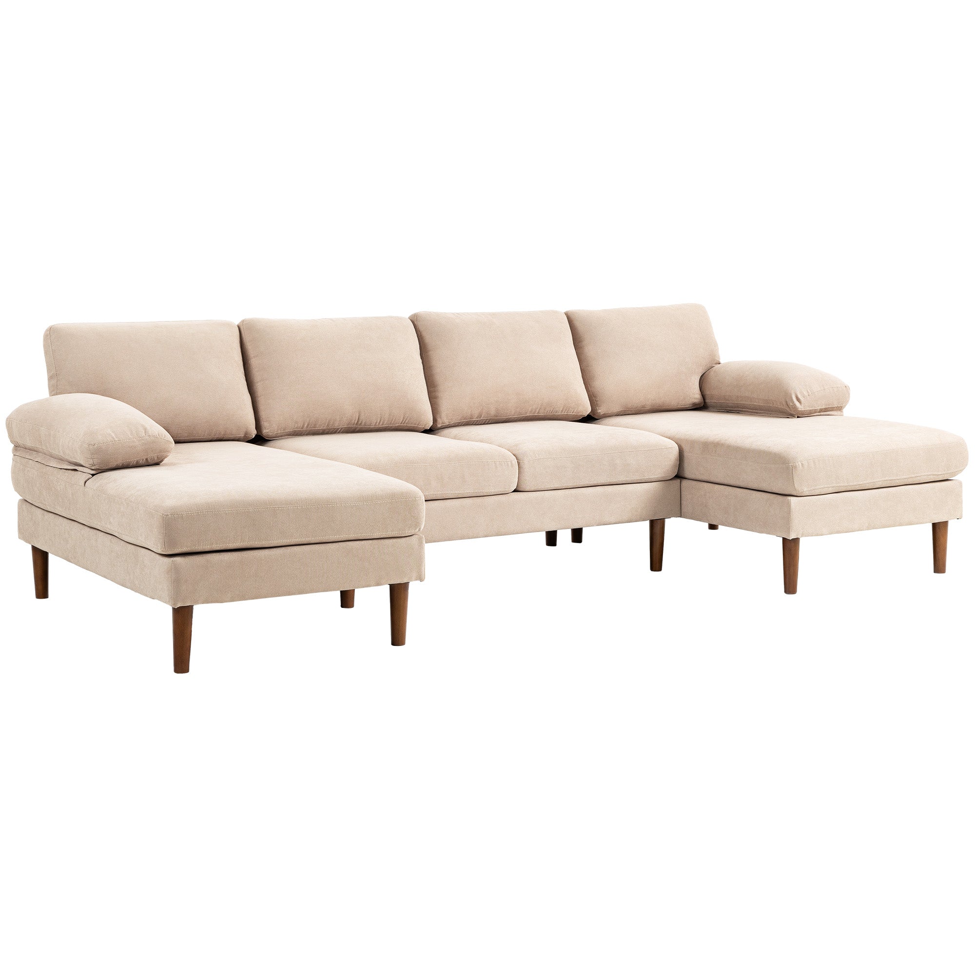 4-Seater U-Shape Sectional Sofa with Double Chaise Fabric Upholstery, Beige