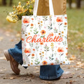 Personalizado colorido Wildflower Gran Capacidad Bolsa de lona con nombre Uso diario Aniversario Cumpleaños Regalo para Mujeres Niñas