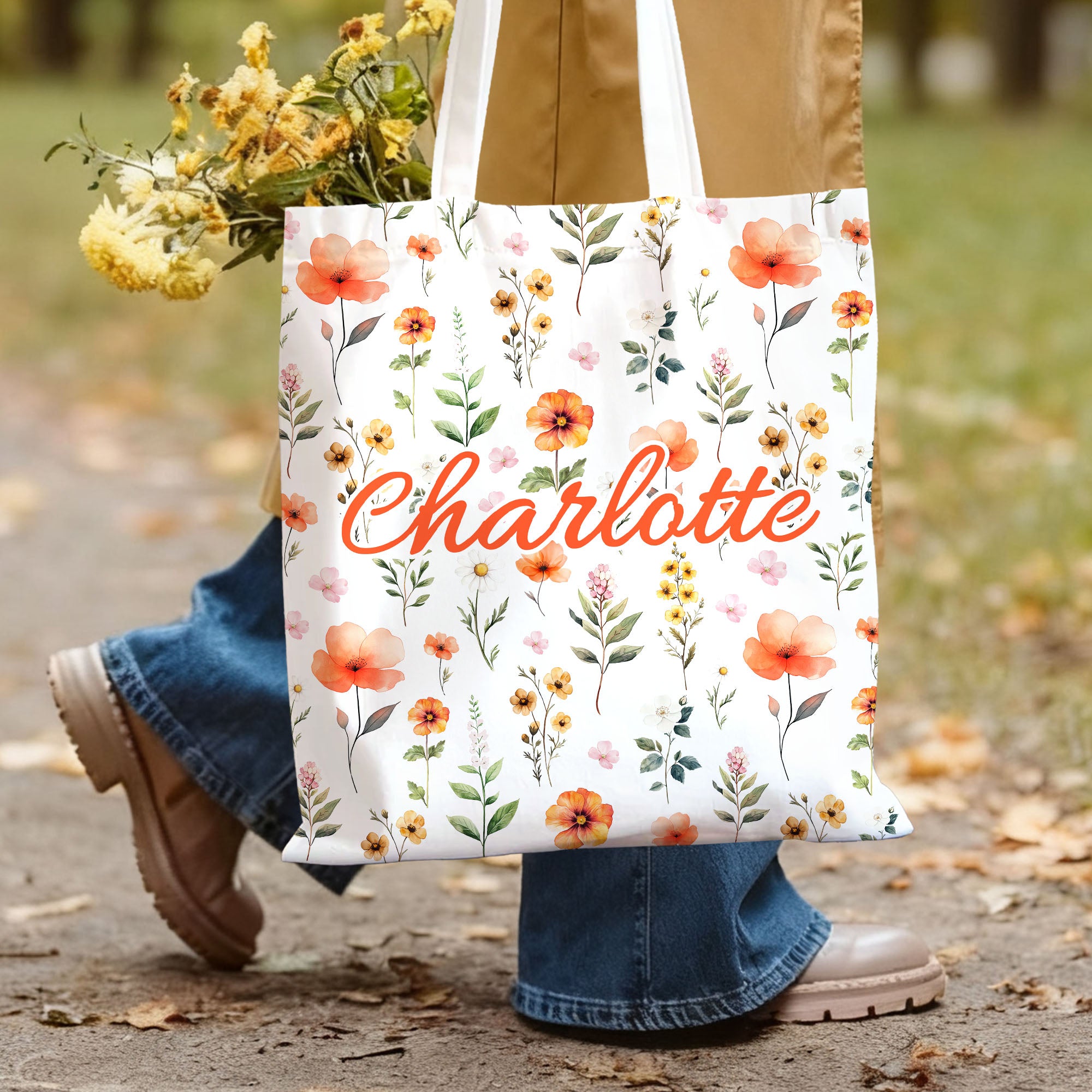 Personalizado colorido Wildflower Gran Capacidad Bolsa de lona con nombre Uso diario Aniversario Cumpleaños Regalo para Mujeres Niñas