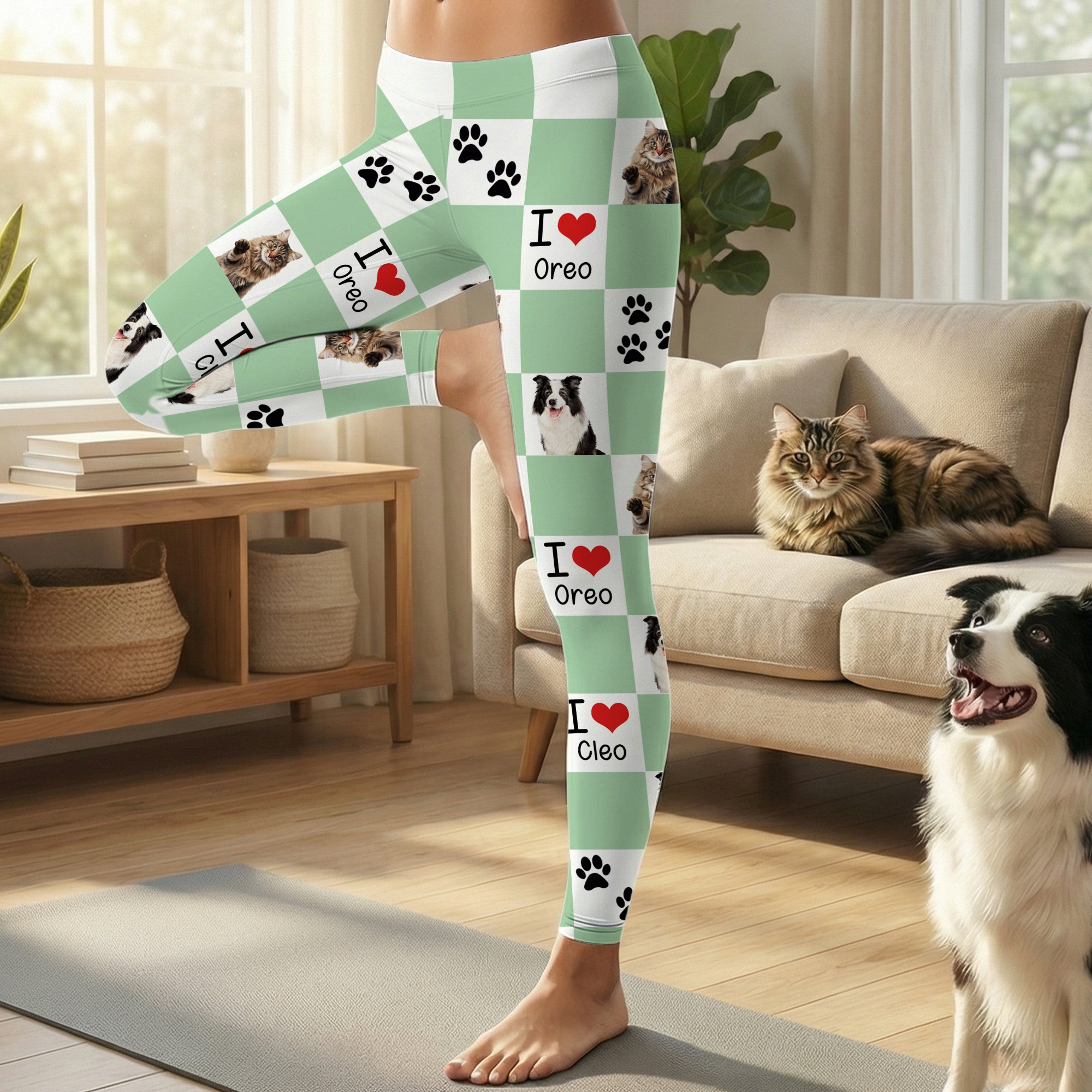 Personalizado 1-4 Fotos de mascotas Impresión de la pata Tablero de ajedrez Stretch Leggings Pantalones de yoga con nombres Diario Deportes Accesorios Regalo de cumpleaños para los dueños de mascotas