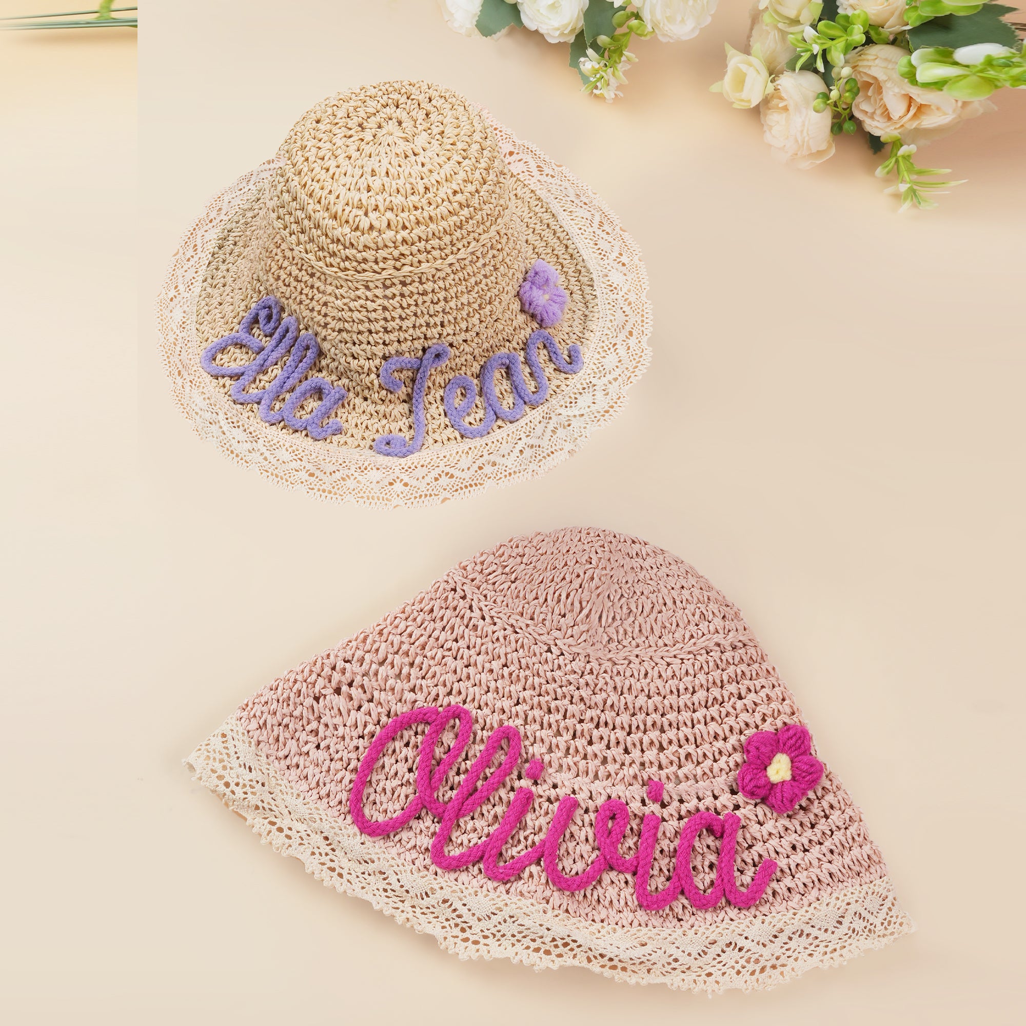 Sombrero de sol de paja bordado con nombre personalizado y correa ajustable Accesorio de playa de verano Regalo de cumpleaños para niños pequeños
