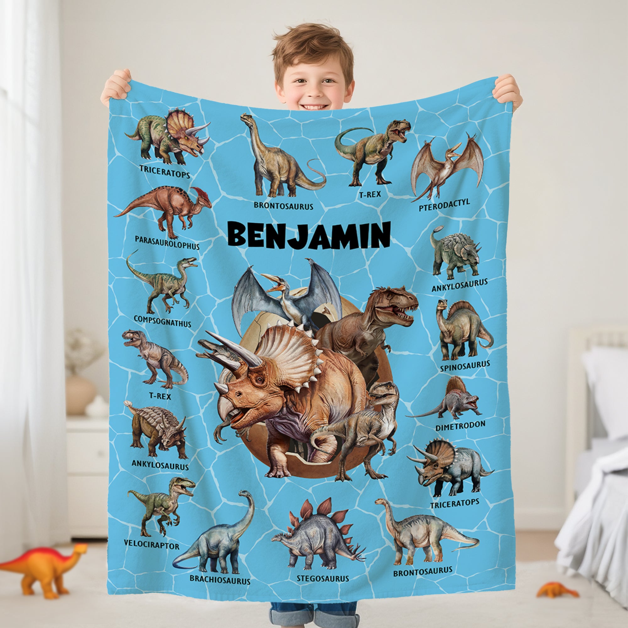 Manta multicolor personalizada con el nombre de un dinosaurio para decoración del hogar Regalo de cumpleaños para niños amantes de los dinosaurios