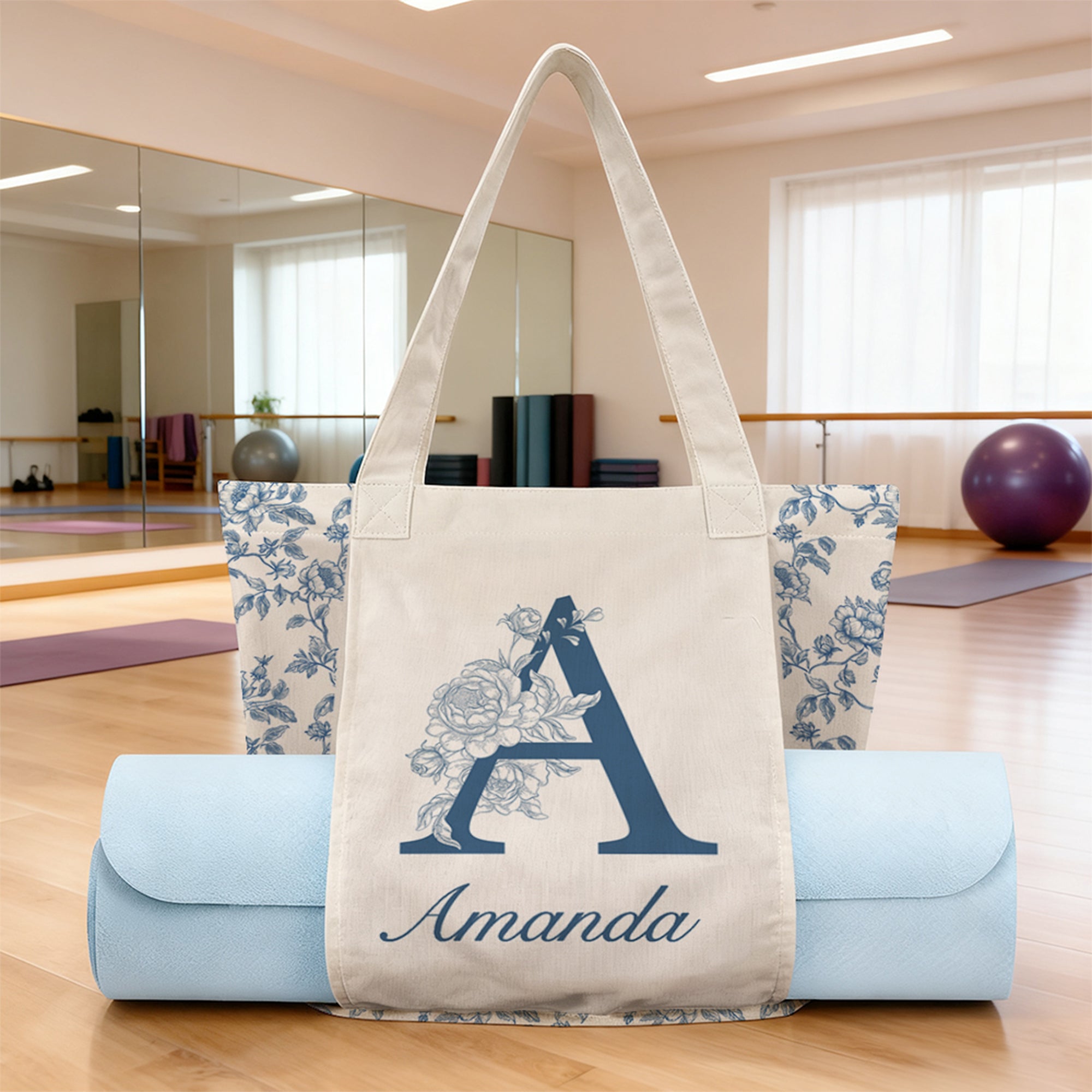 Toile De Jouy personalizado inicial Yoga Mat Tote Bag con nombre Yoga Accesorios Viaje Cumpleaños Navidad Regalo para las mujeres amantes del yoga