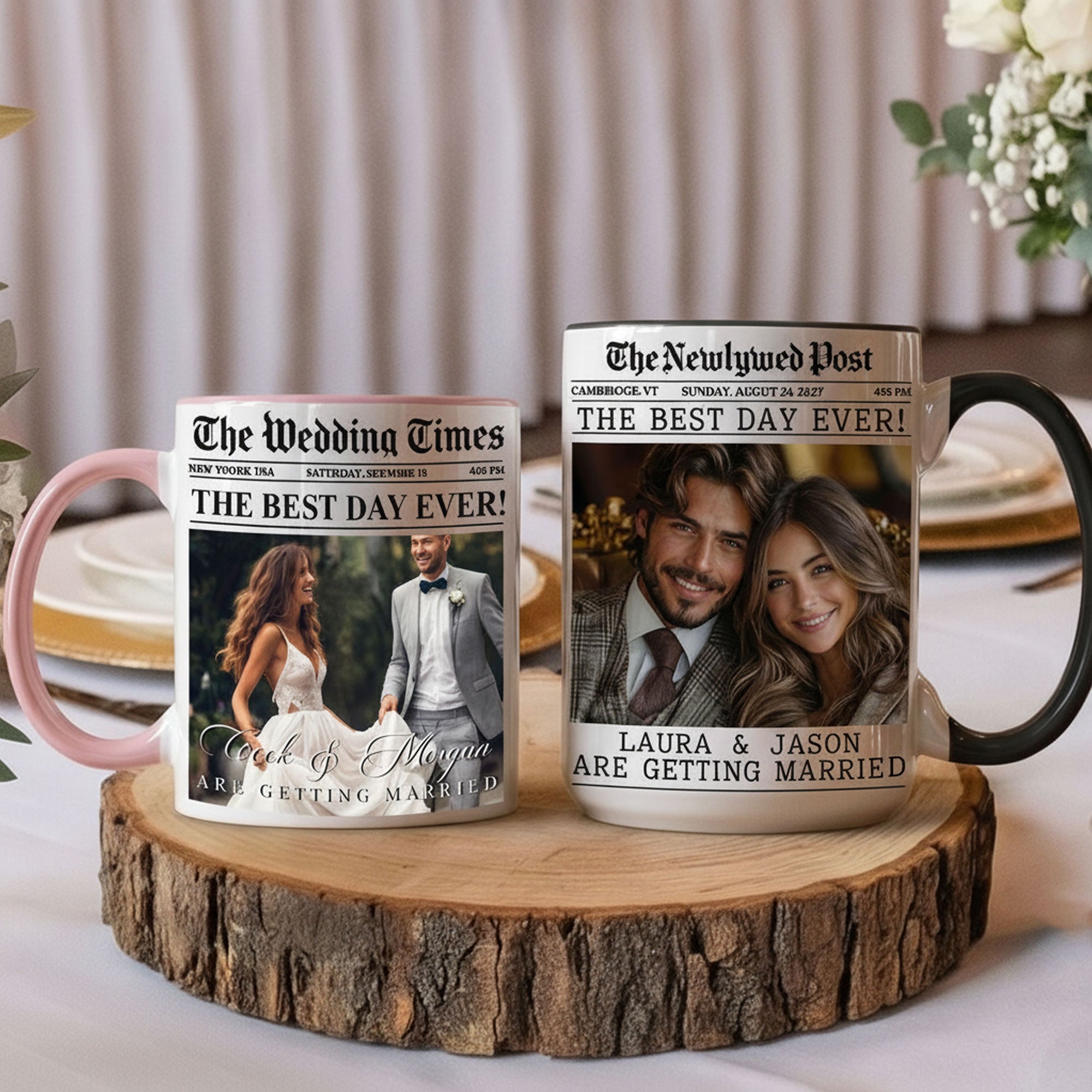 Personalizado único periódico telón de fondo Foto 11 oz 15 oz Taza de cerámica con nombre y fecha Aniversario de boda Regalo para parejas