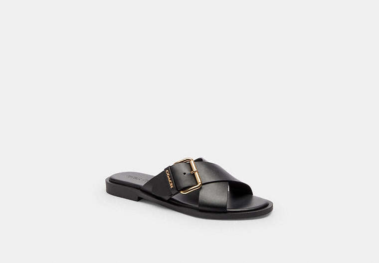 COACH® Women's Sandalias De Hebilla Cruzada en Negro, Talla 11 | Cuir