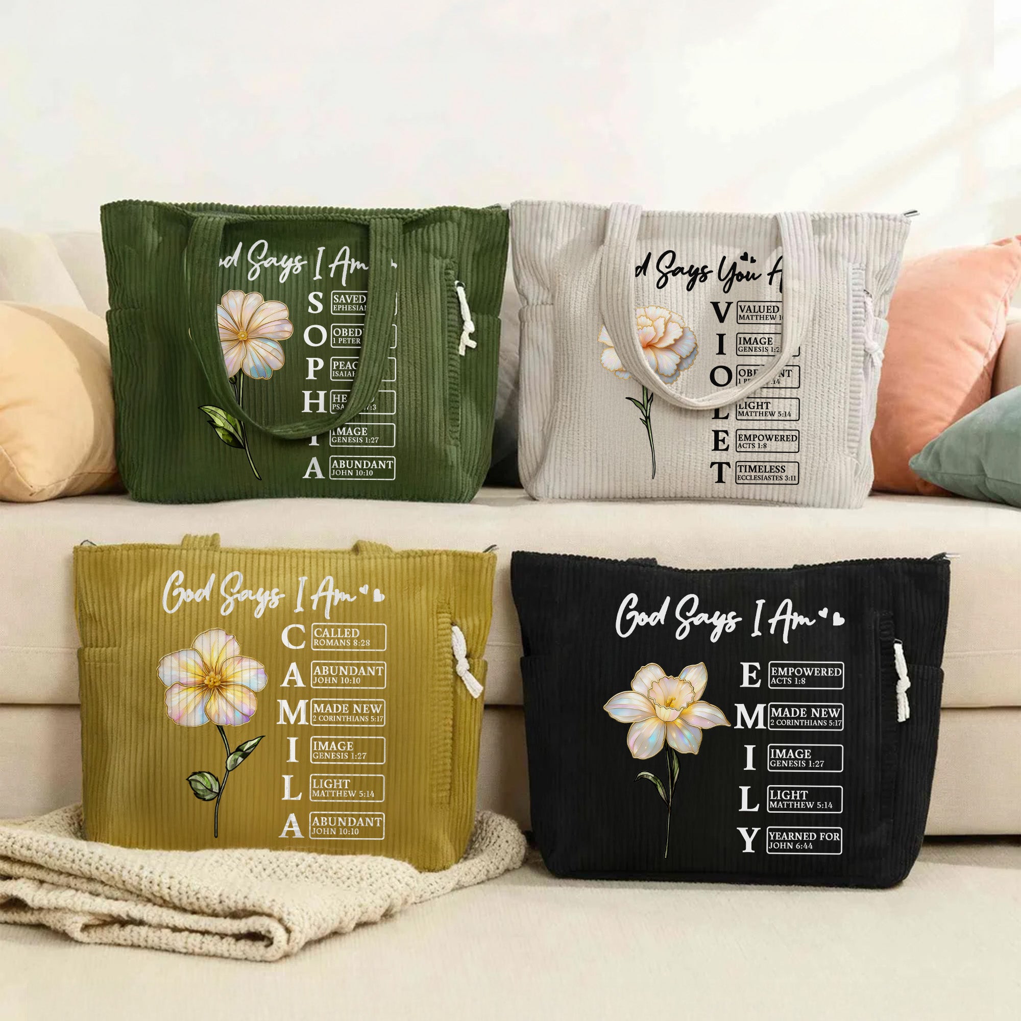 Personalizado Dios dice que eres Efecto Perla Nacimiento Flor Bolsa de pana de gran capacidad con nombre Regalo de cumpleaños cristiano para mujer