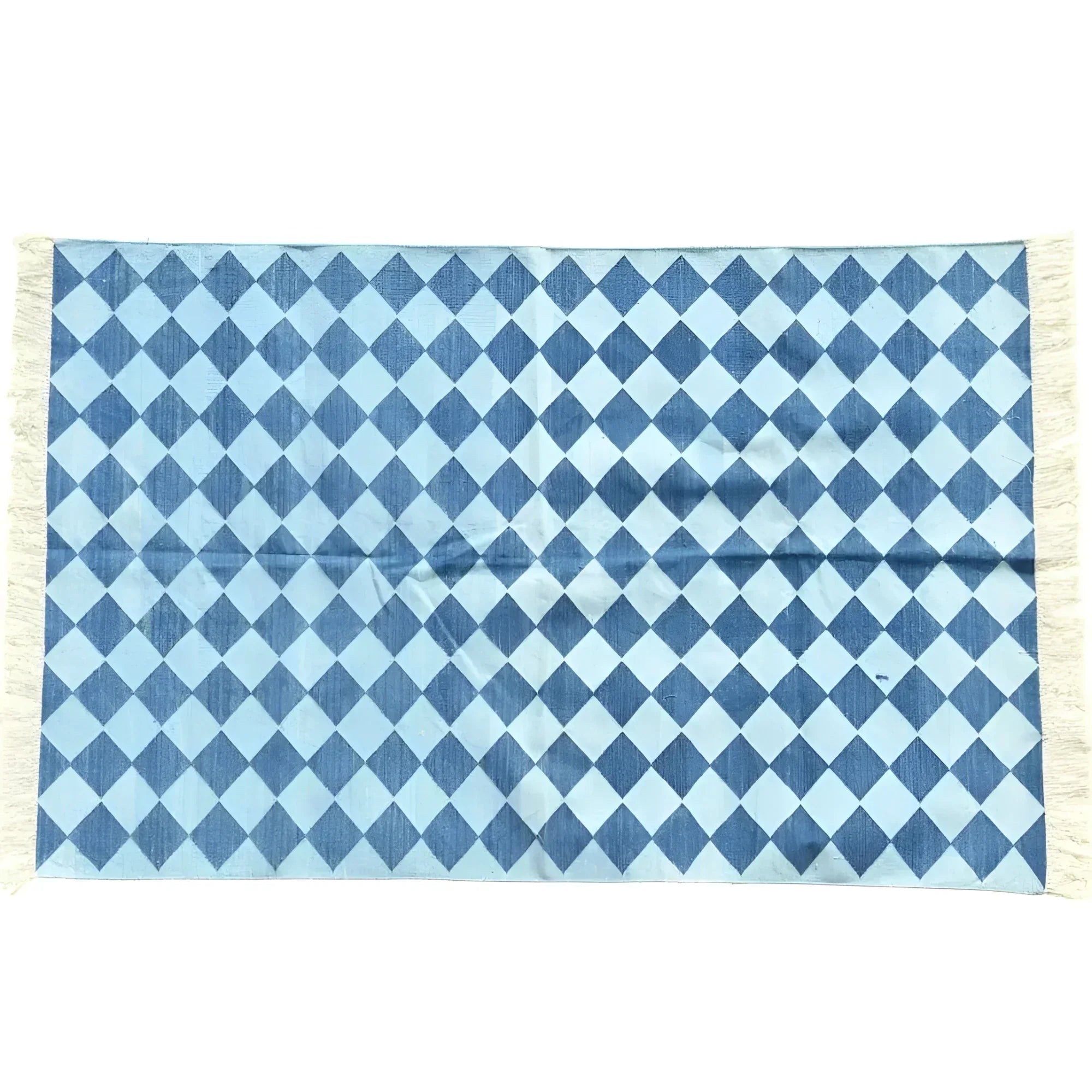 Checkers Organic Vegetable Dyed Indian Dhurrie Reversible Cotton Rug - Blue