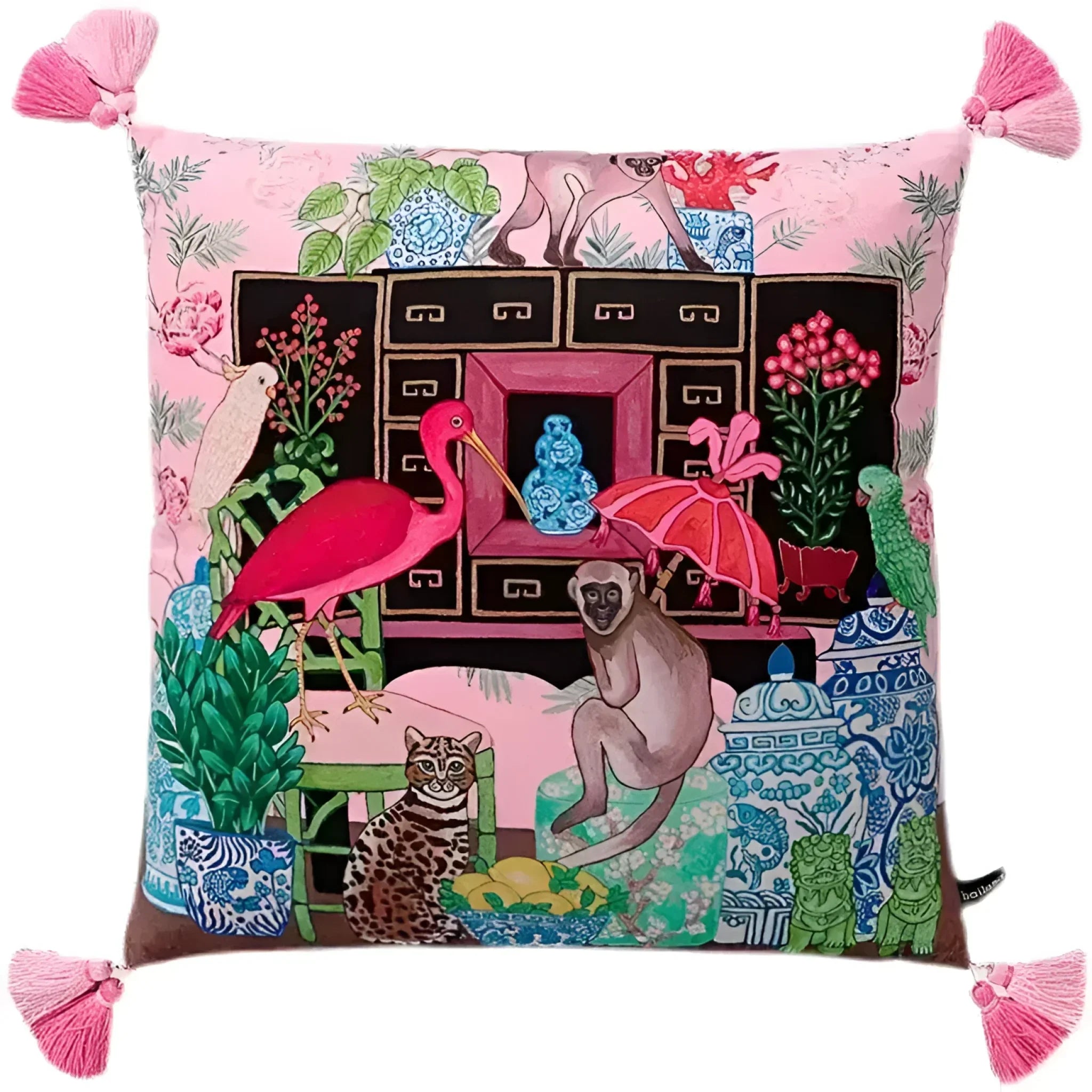 Chinoiserie Monkey and Bird Velvet Throw Pillow Cover with Tassel