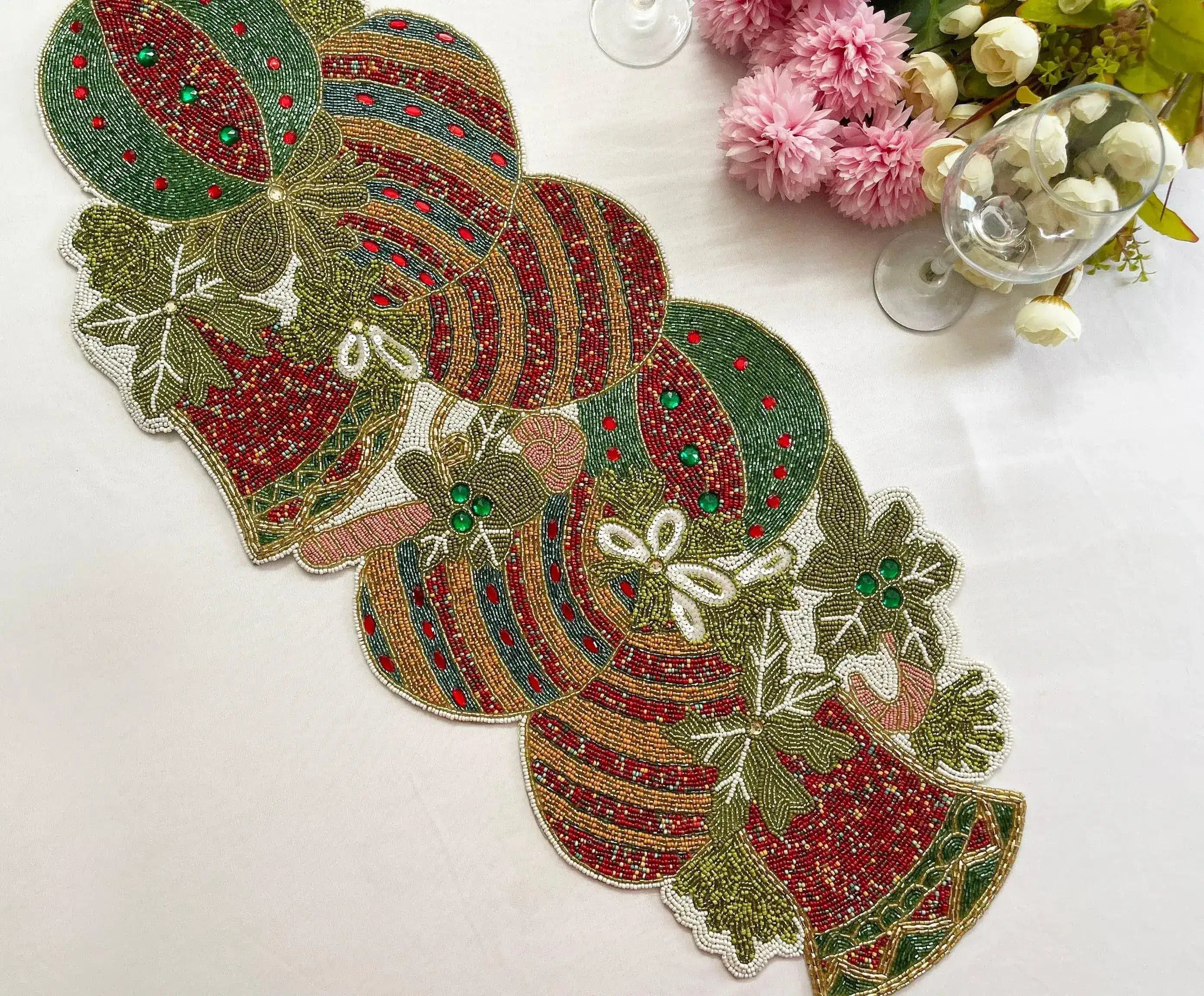 Christmas Delight Beaded Table Runner - Red and Gold