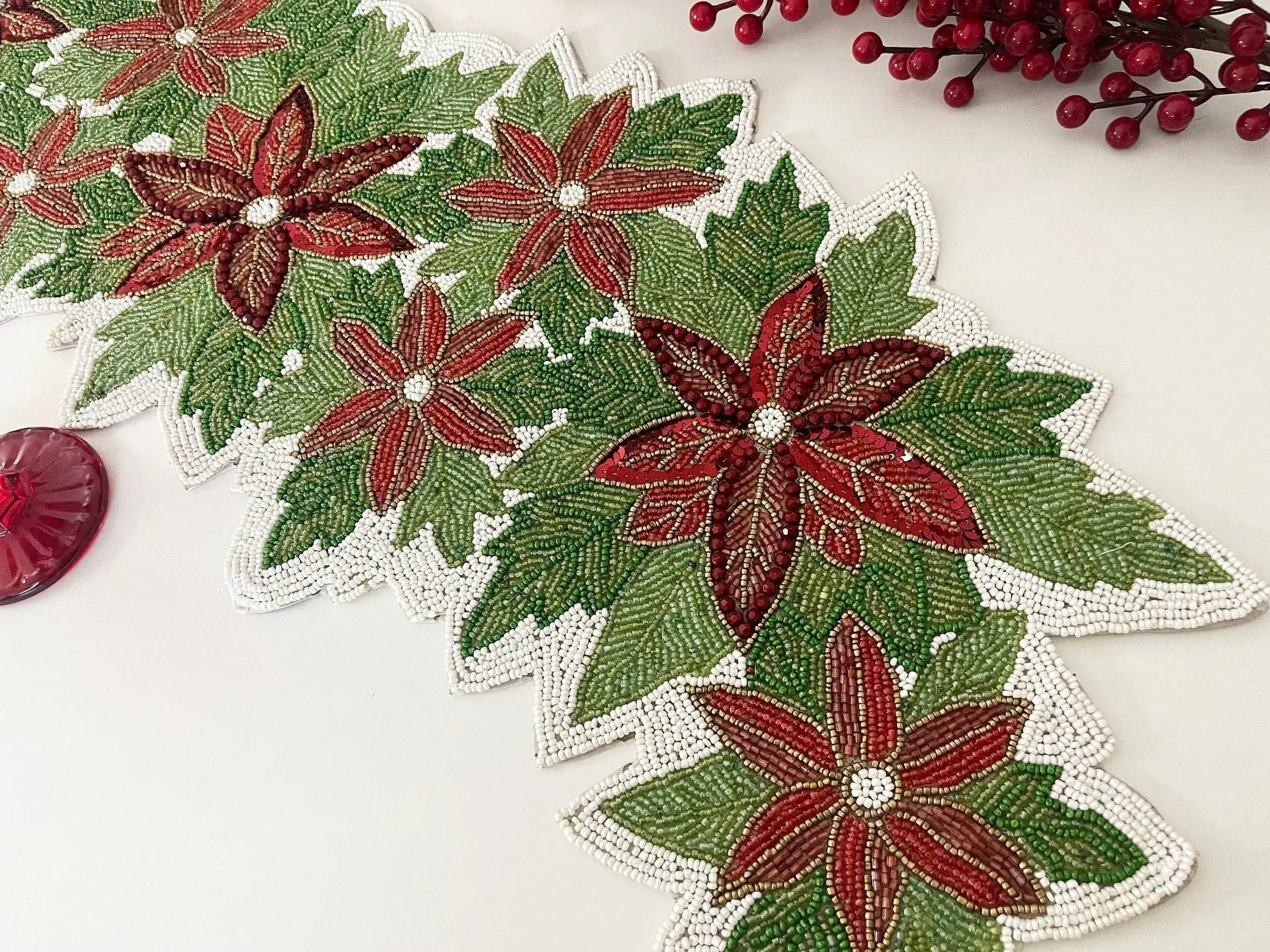Christmas Flowers and Leaves Beaded Table Runner