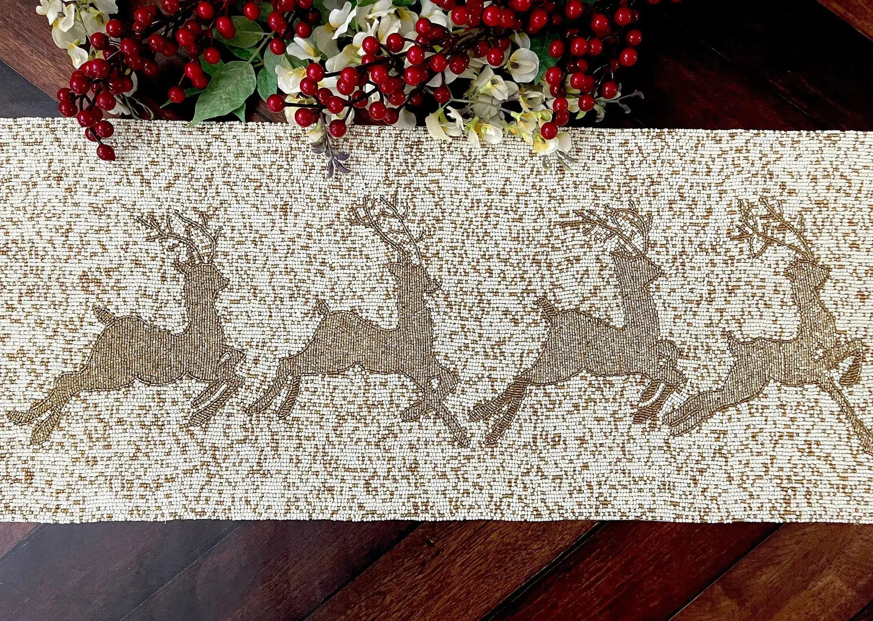 Christmas Golden Reindeer Beaded Table Runner