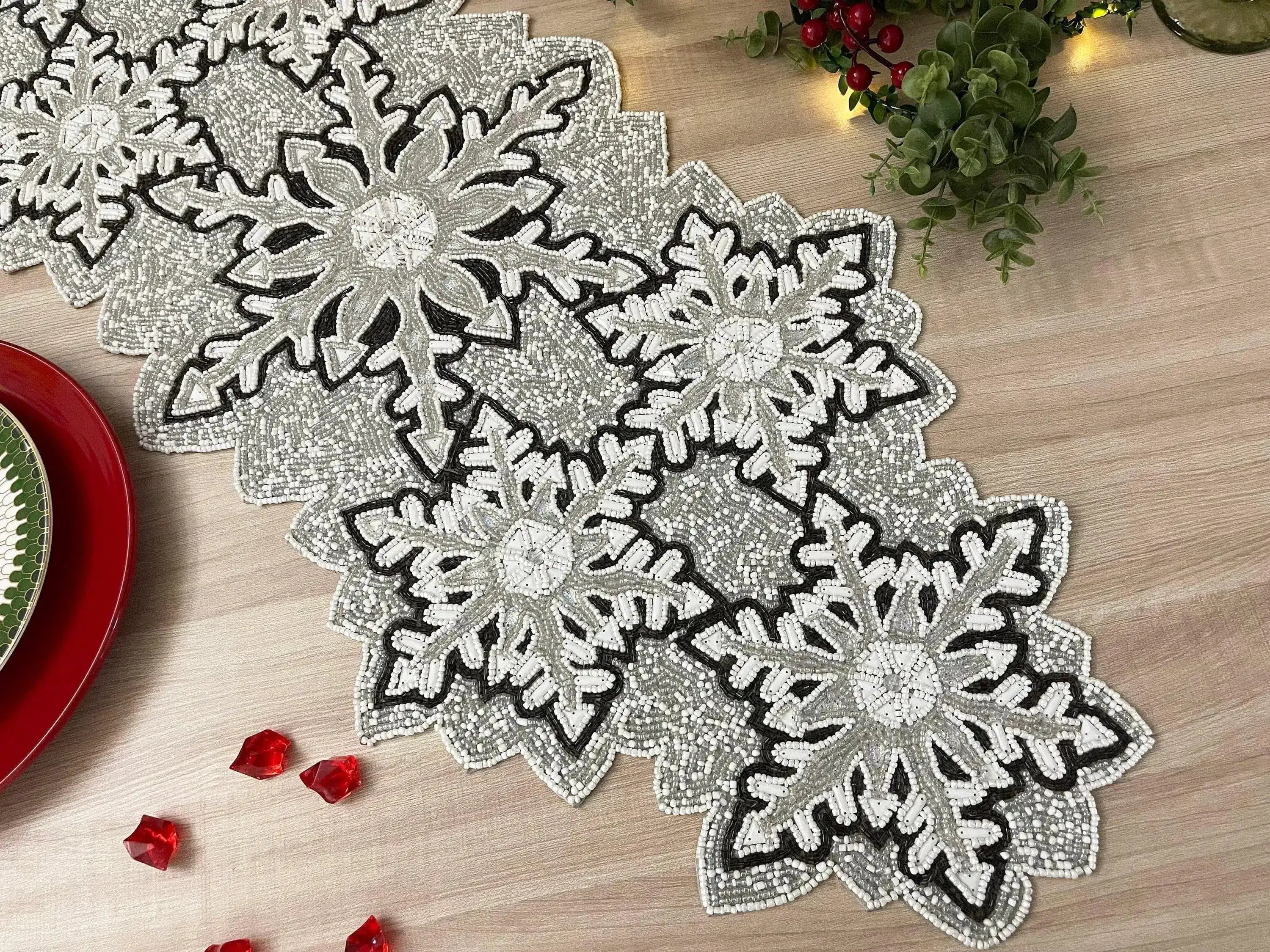 Christmas Snowflakes Beaded Table Runner