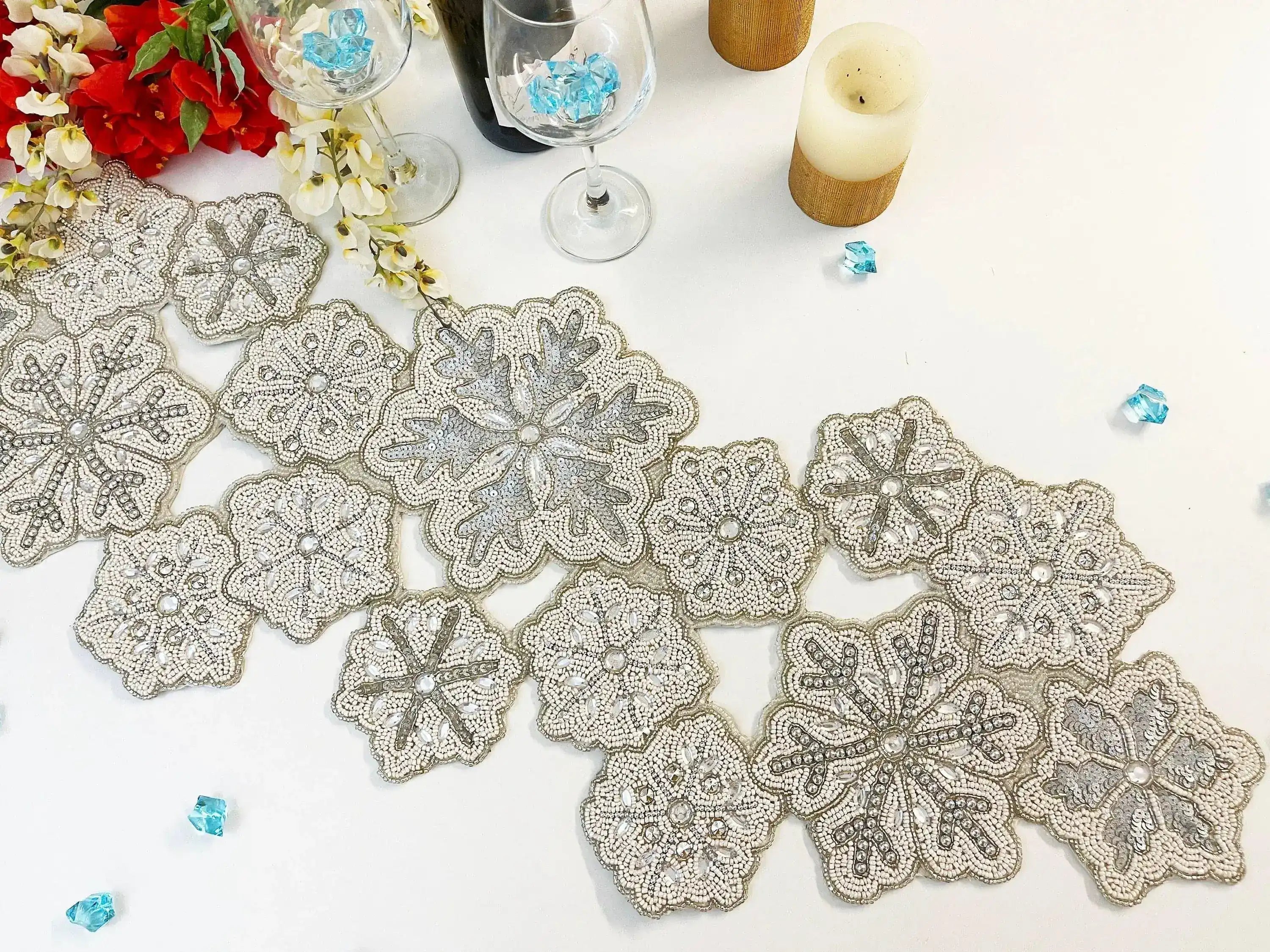 Christmas Snowflakes Sequin and Bead Table Runner
