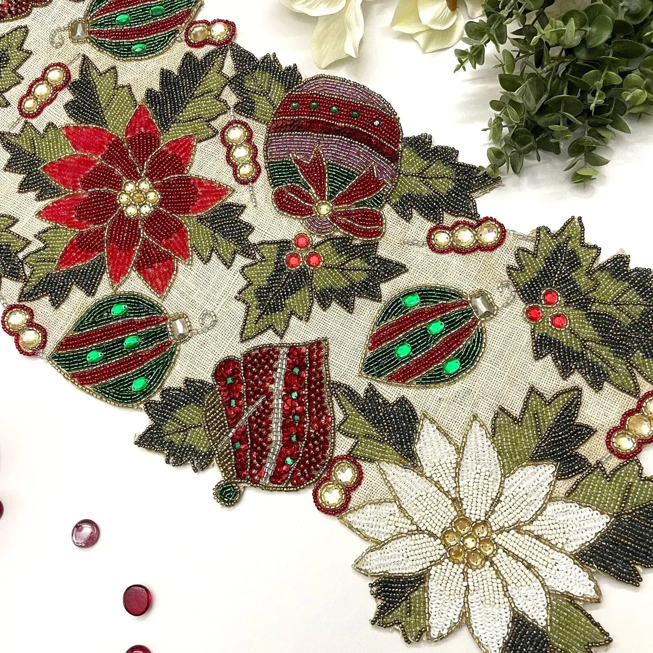 Christmas Spirit Bells and Flowers Beaded Table Runner
