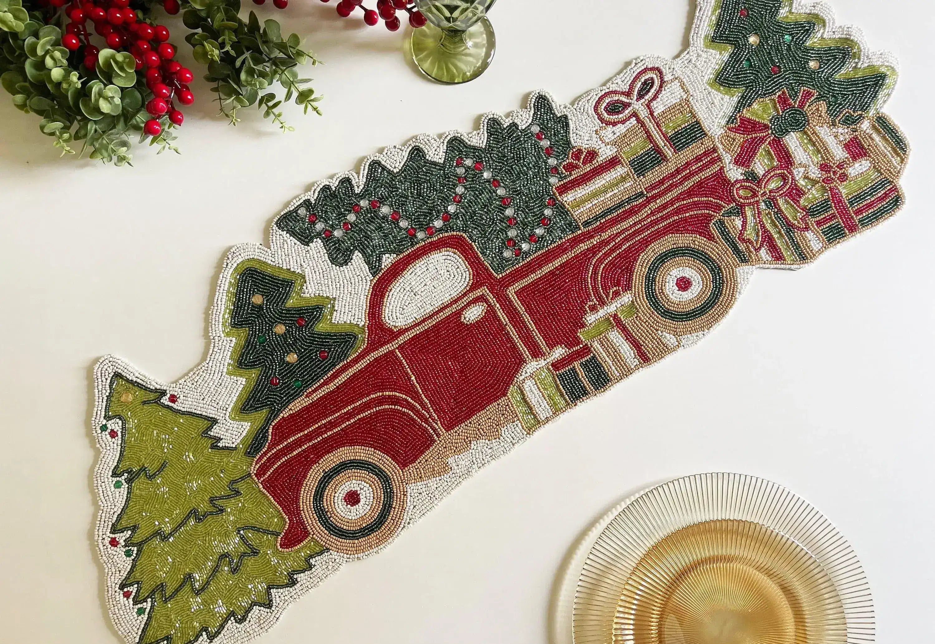 Christmas Trees and Red Trucks Beaded Table Runner